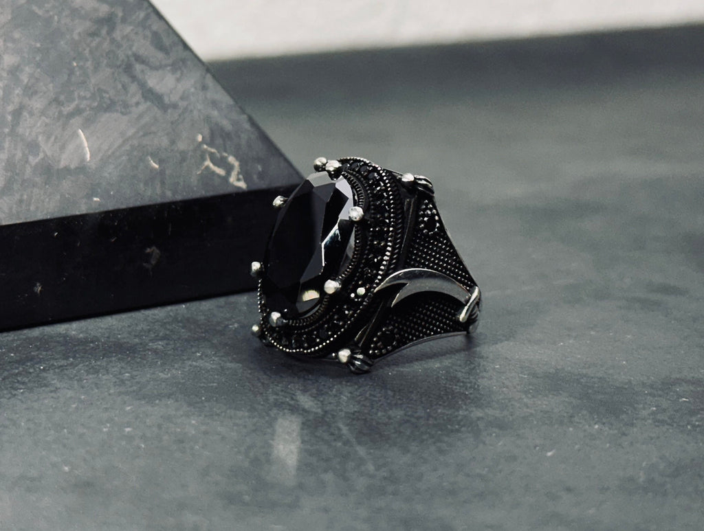 Hazrat Ali Sword Ring, Black Zircon, Sterling Silver (Men's Size)