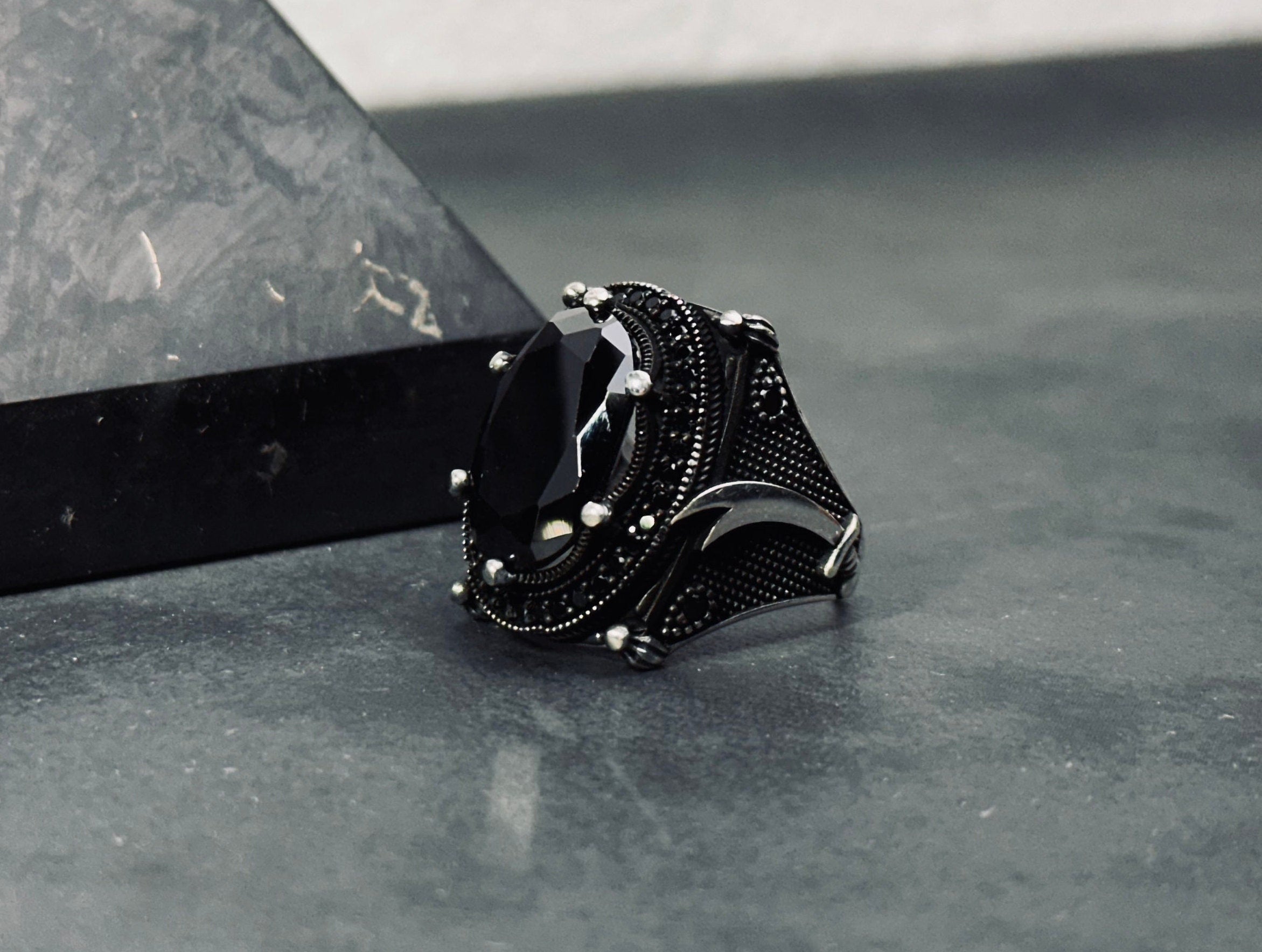 Hazrat Ali Sword Ring, Black Zircon, Sterling Silver (Men's Size)