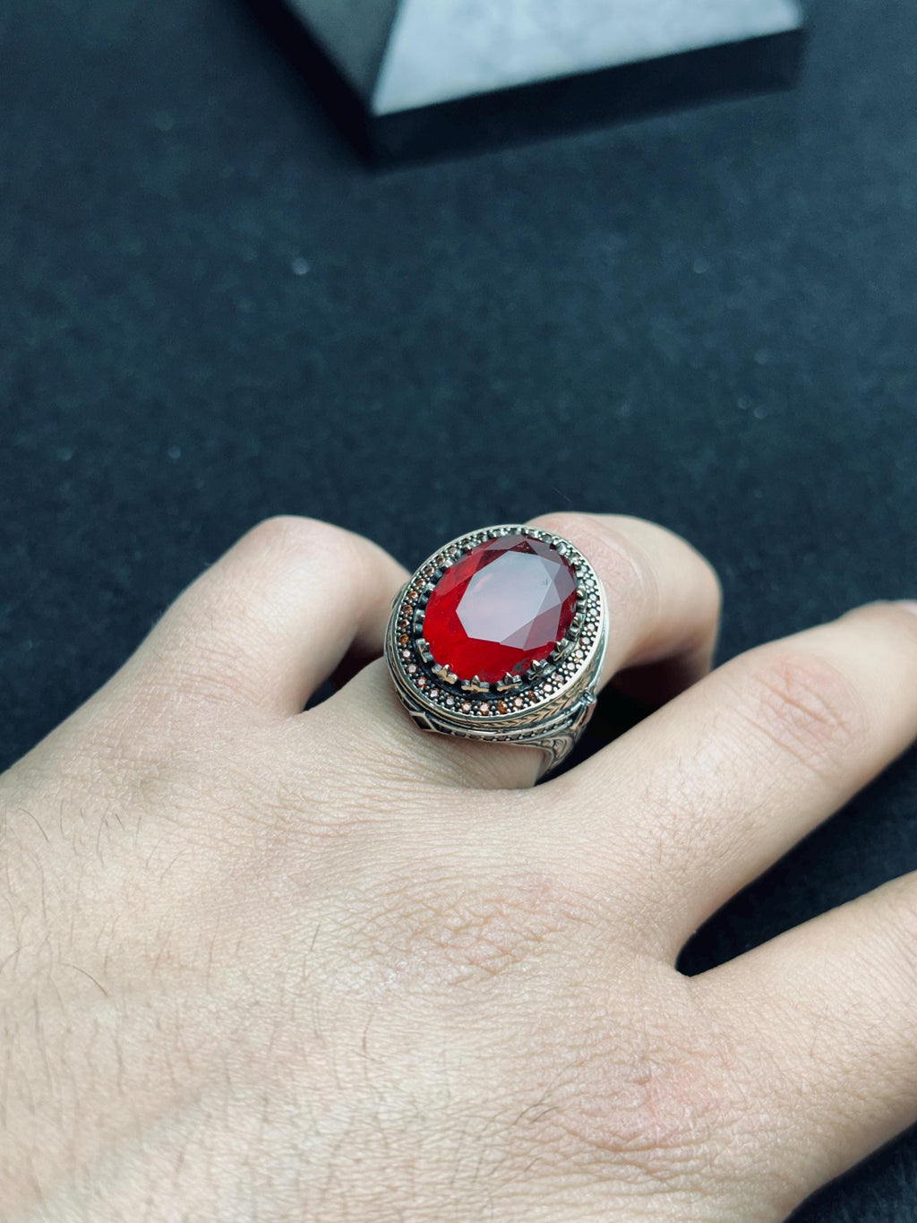 Men's Sterling Silver Ring, Oval Red Ruby (Handmade Statement)