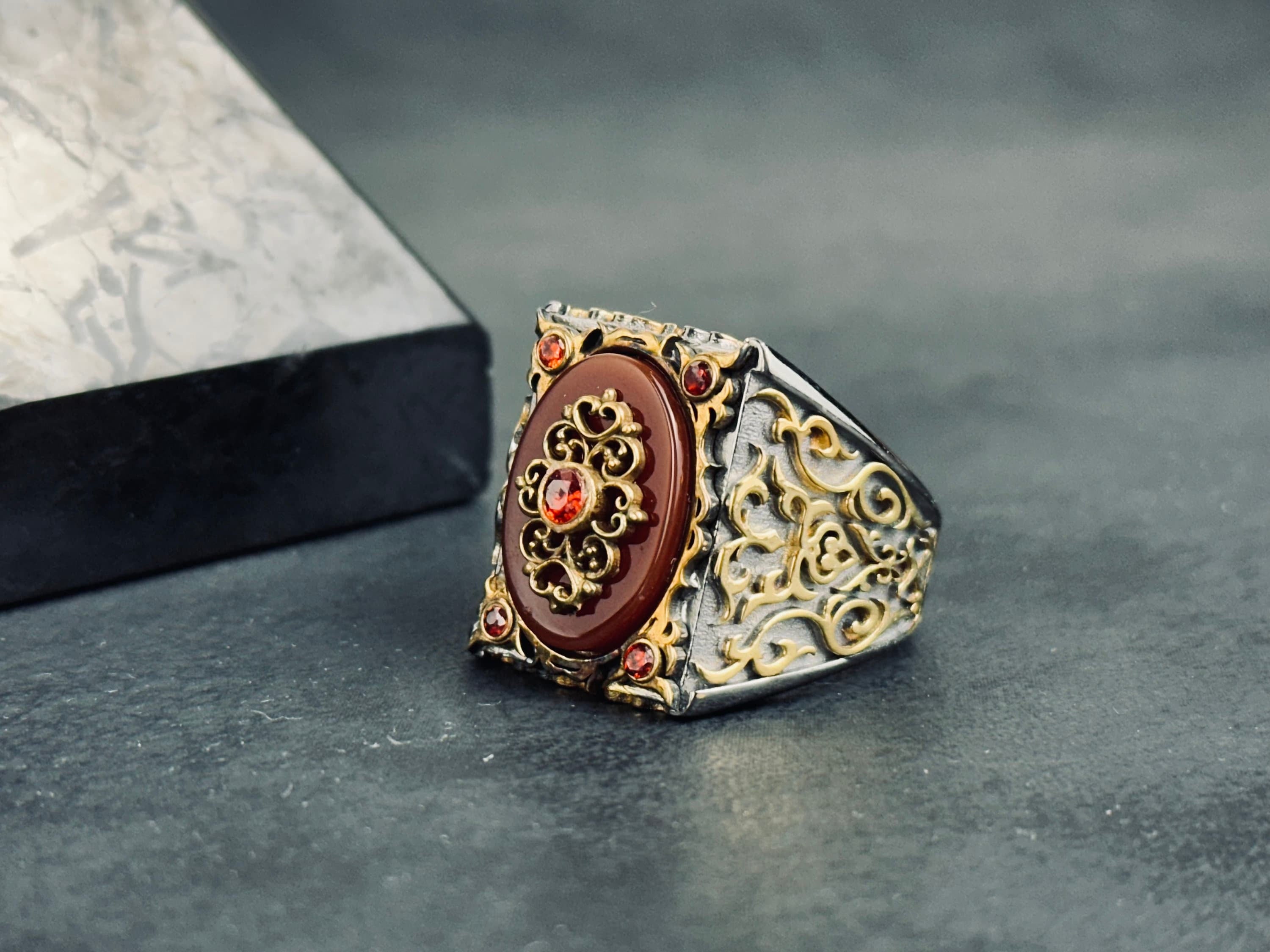 Red Aqeeq Ring: Handmade Sterling Silver (Engraved, Zirconium Accent)
