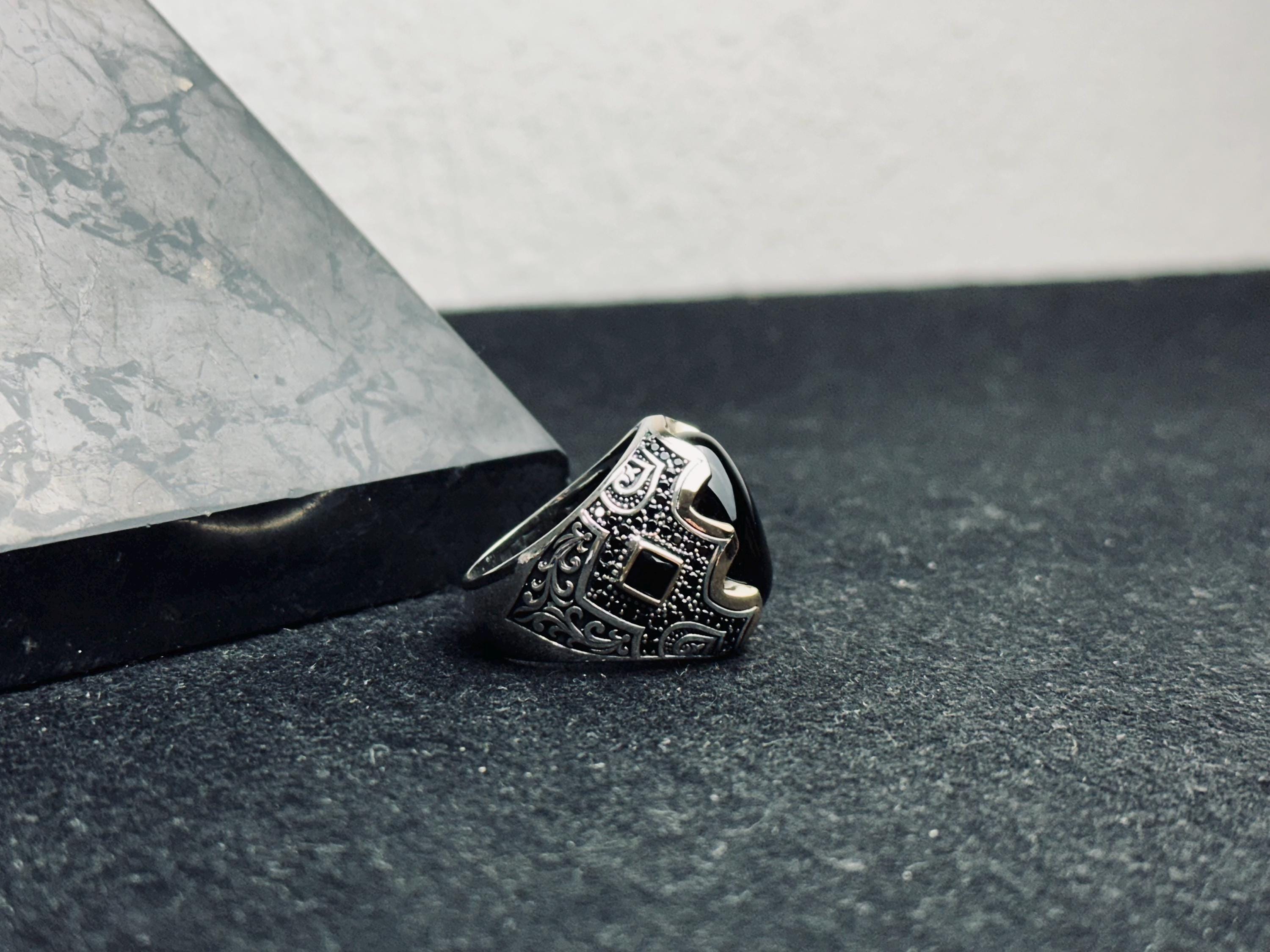 Men's Oxidized Sterling Silver Ring, Black Onyx Gemstone (Handmade)