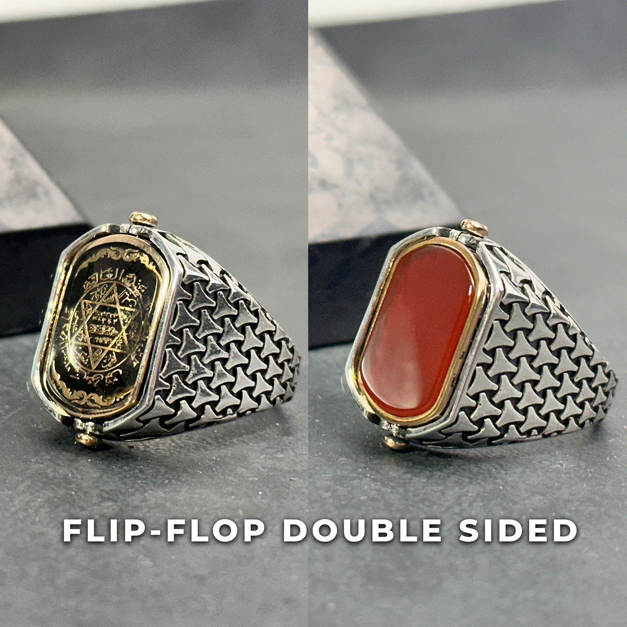 Double Sided Solomon Signet Ring: Red Agate, Sterling Silver