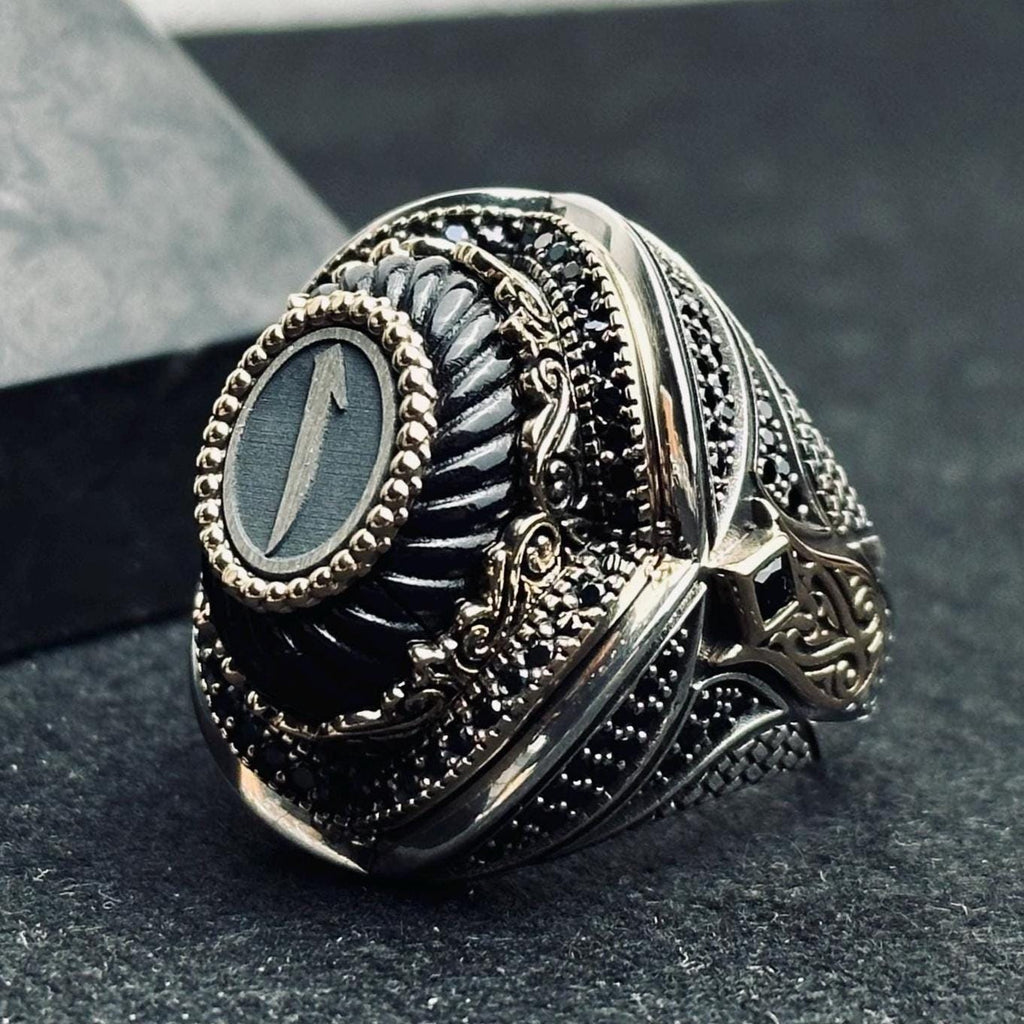 Elif Vav Signet Ring - Oval Onyx, Arabic Calligraphy