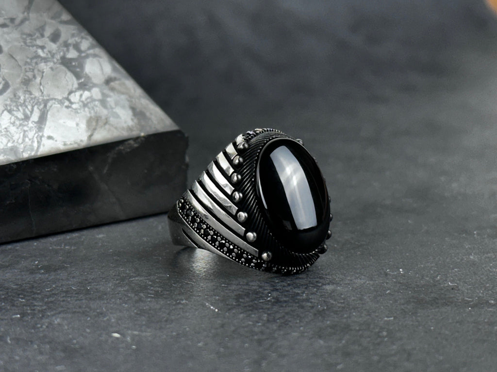 Onyx Ring: Sterling Silver Statement Jewelry (Nebula Cut Stone)