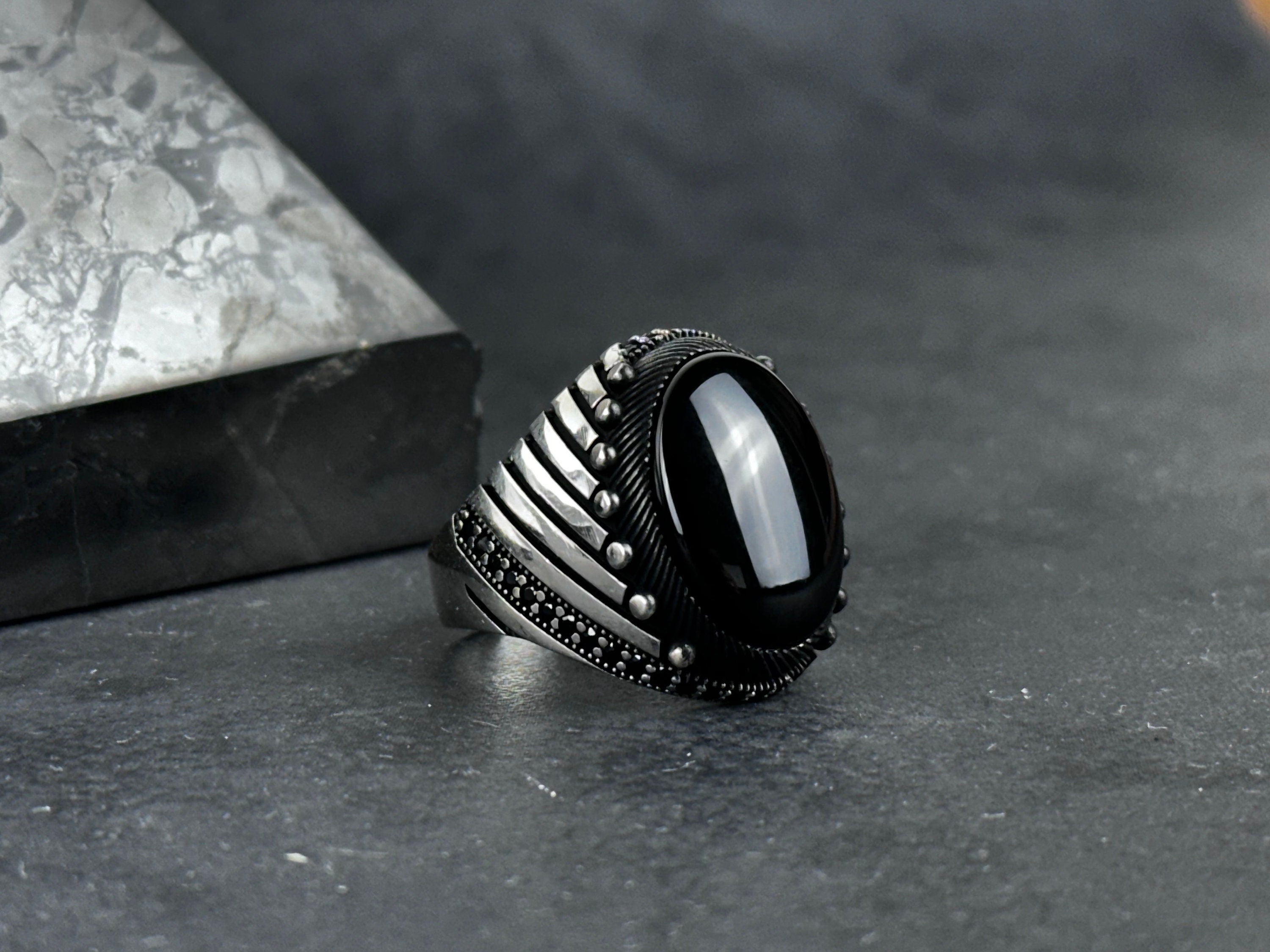 Onyx Ring: Sterling Silver Statement Jewelry (Nebula Cut Stone)
