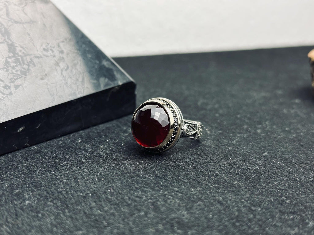Ruby Men's Ring: Handmade Sterling Silver Jewelry (Round Red Gem)