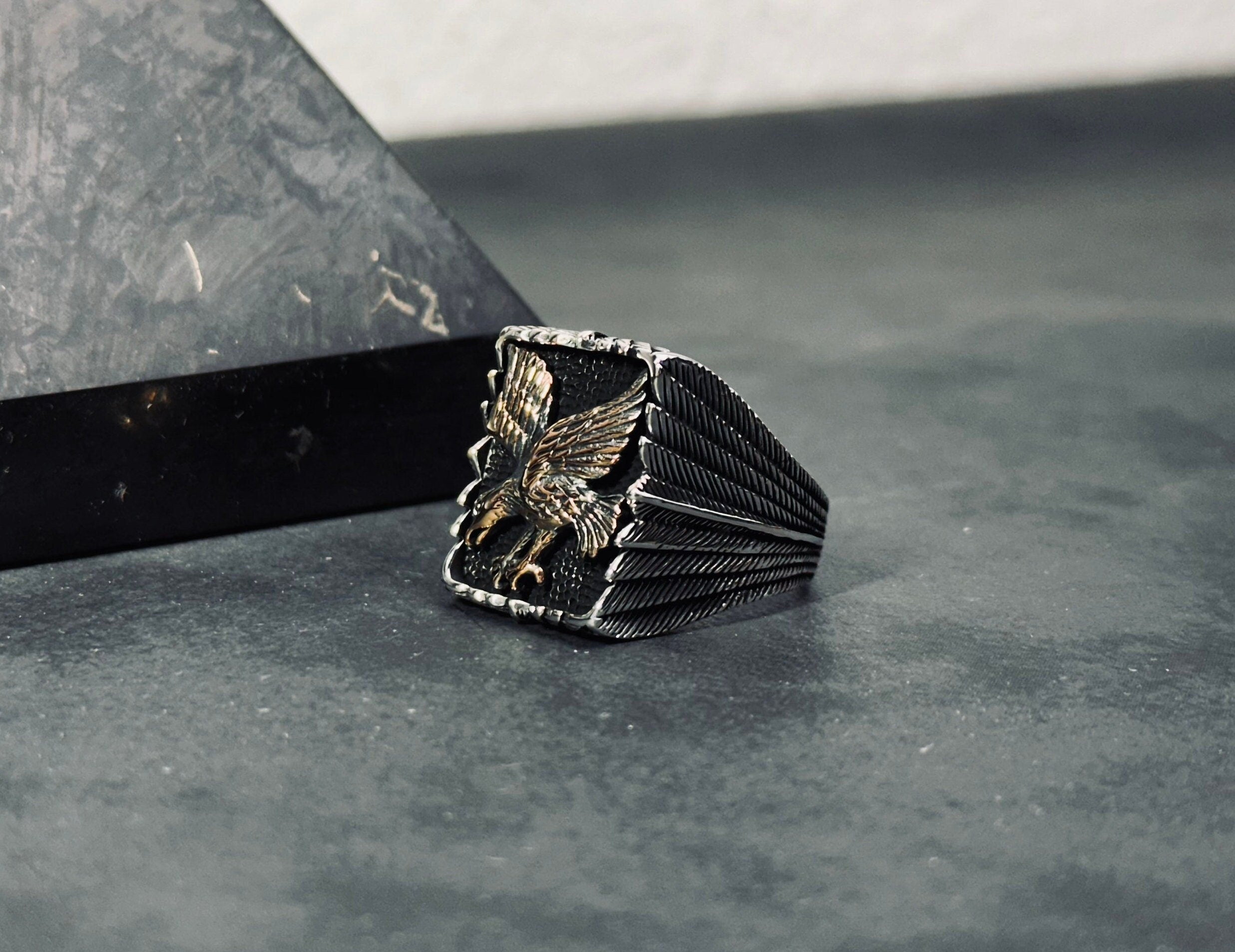 Thunderbird Ring: Oxidized Sterling Silver Eagle Band (Handmade)