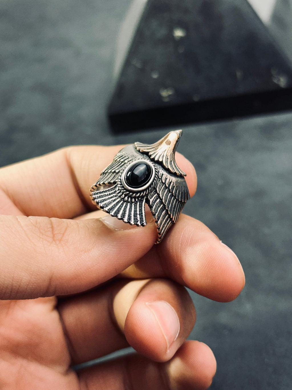 Eagle Ring: Onyx Stone, Sterling Silver - Adjustable Oxidized Finish