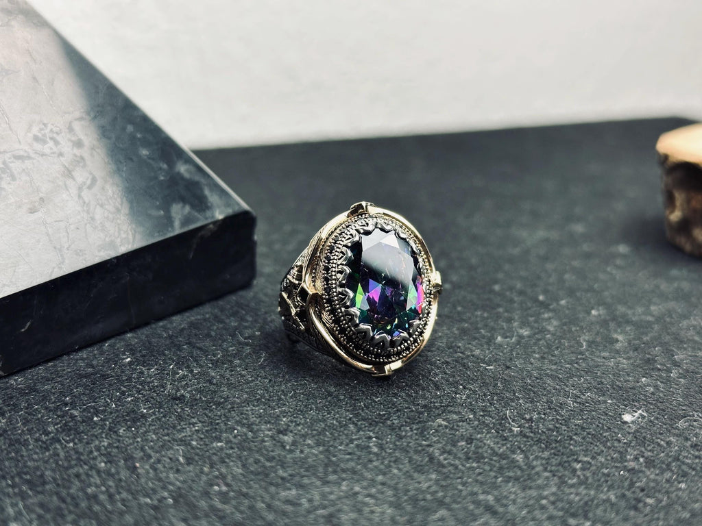 Mystic Topaz Ring: Oval Sterling Silver, Boho Men's Jewelry