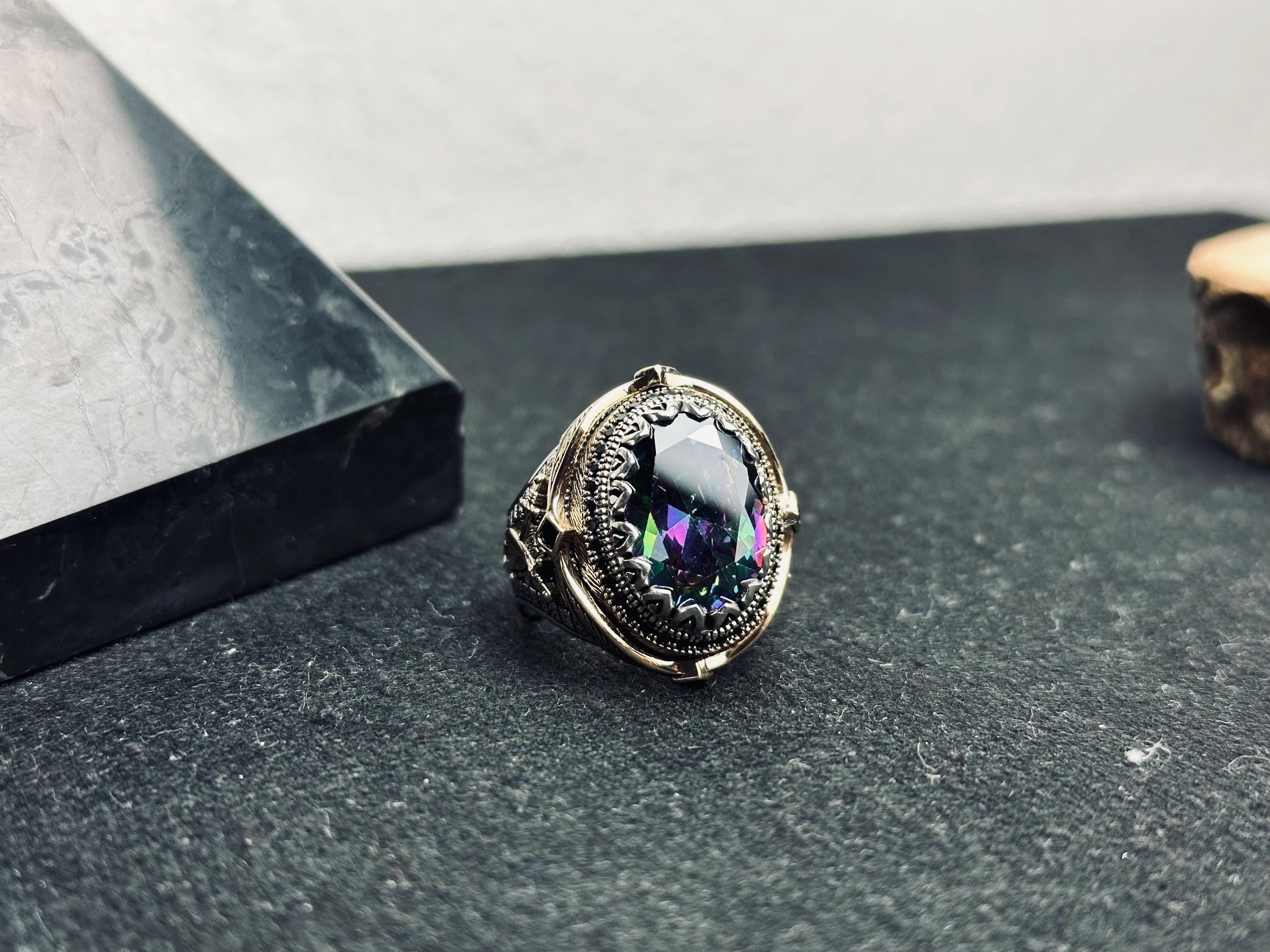 Mystic Topaz Ring: Oval Sterling Silver, Boho Men's Jewelry