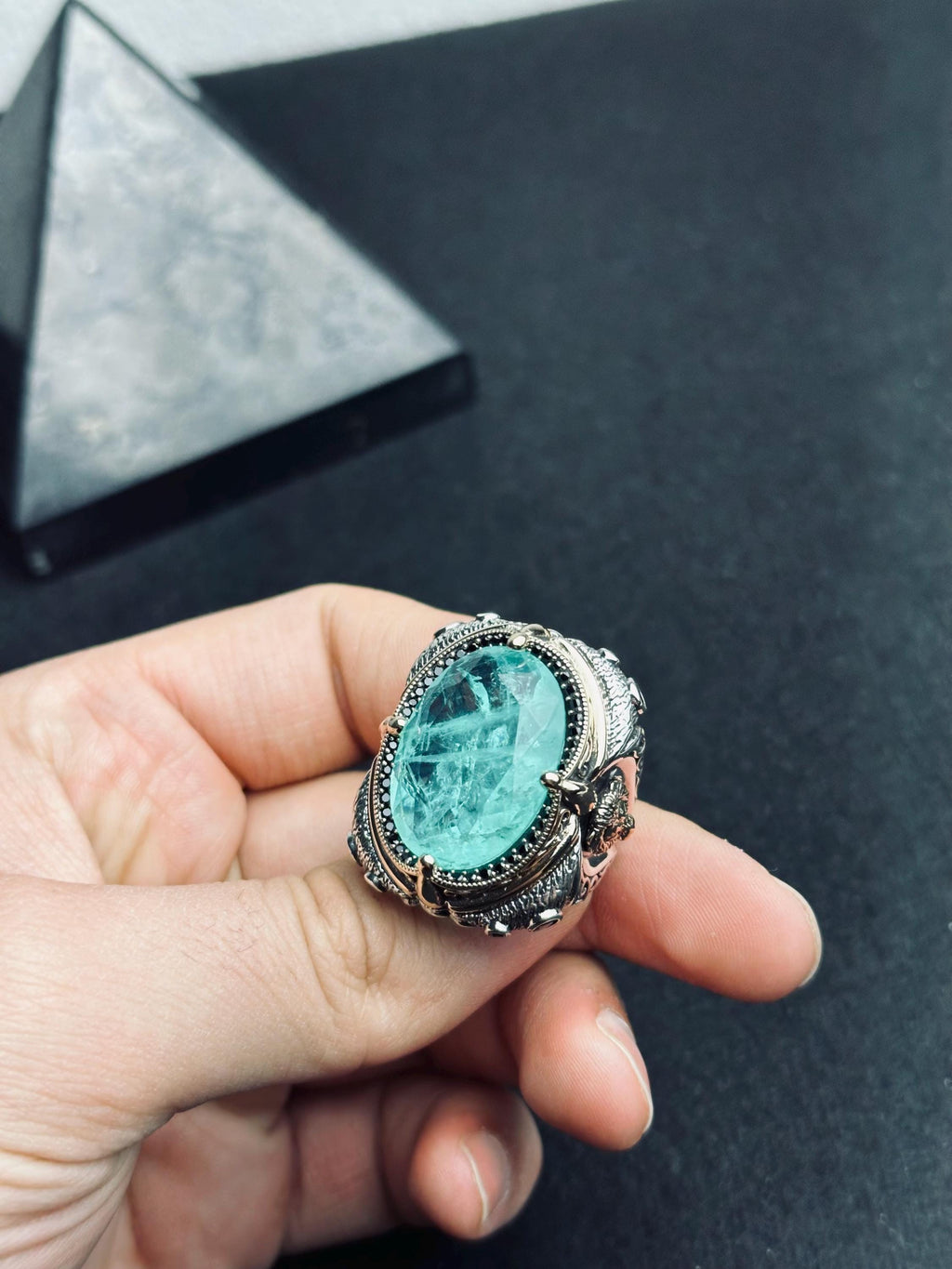 Blue Paraiba Lion Head Ring - Sterling Silver Handmade Men's Statement