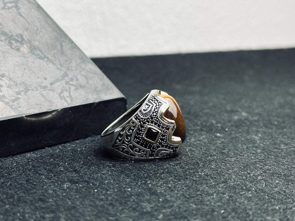 Men's Statement Ring: Tiger Eye Gemstone - Oxidized 925 Silver