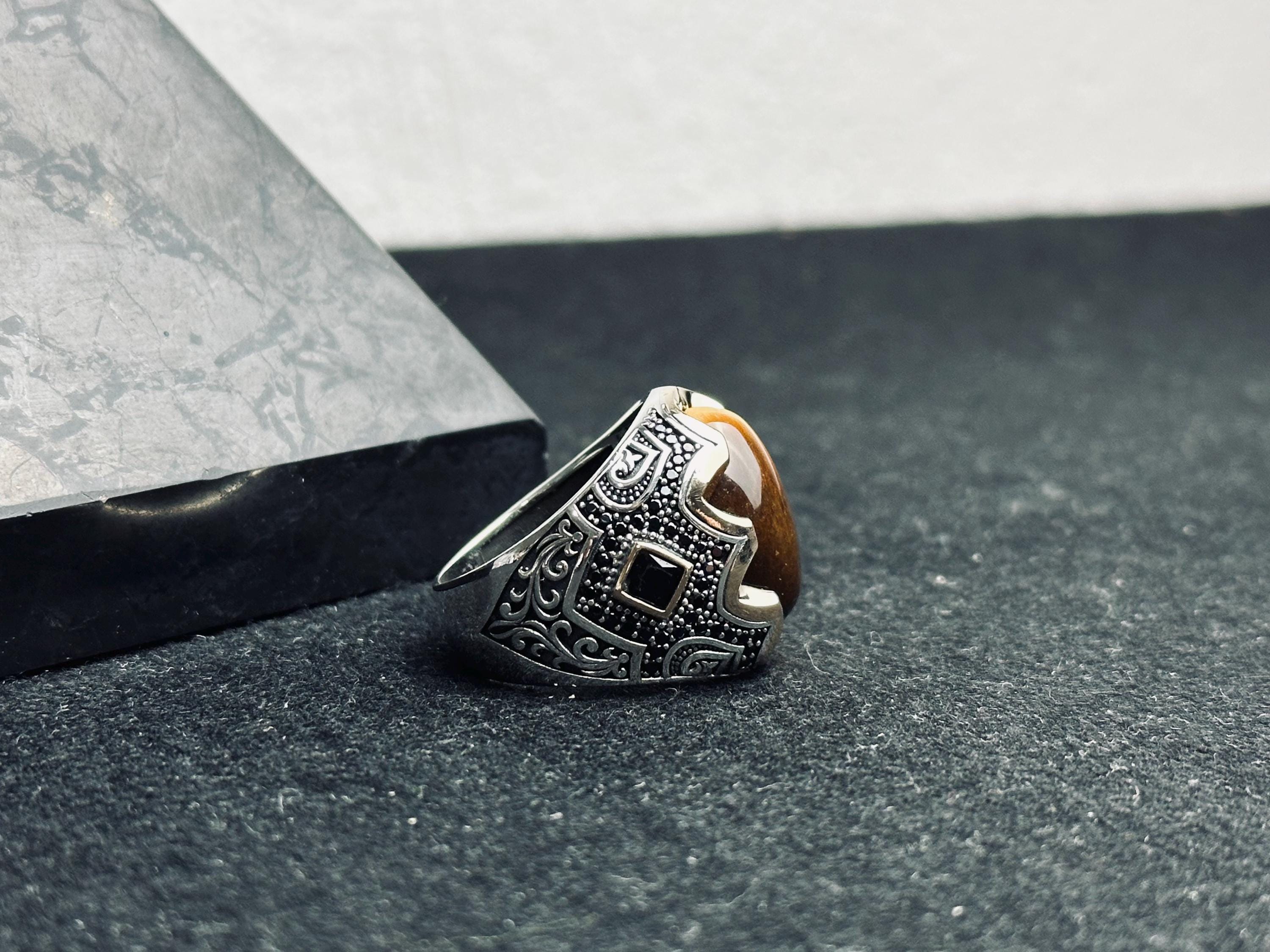 Men's Statement Ring: Tiger Eye Gemstone - Oxidized 925 Silver
