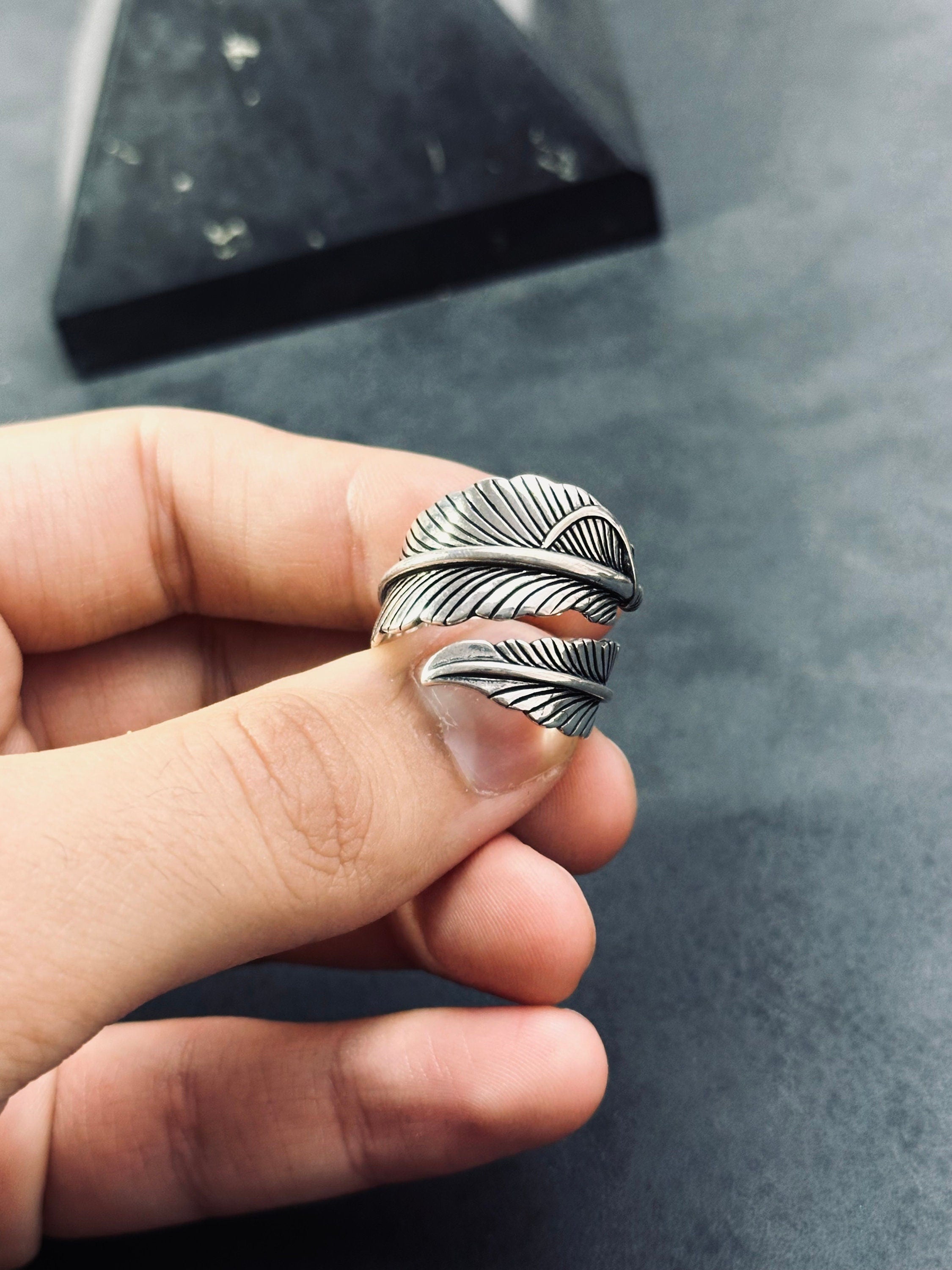 Feather Ring: Sterling Silver Adjustable Design (Engraved, Handmade)