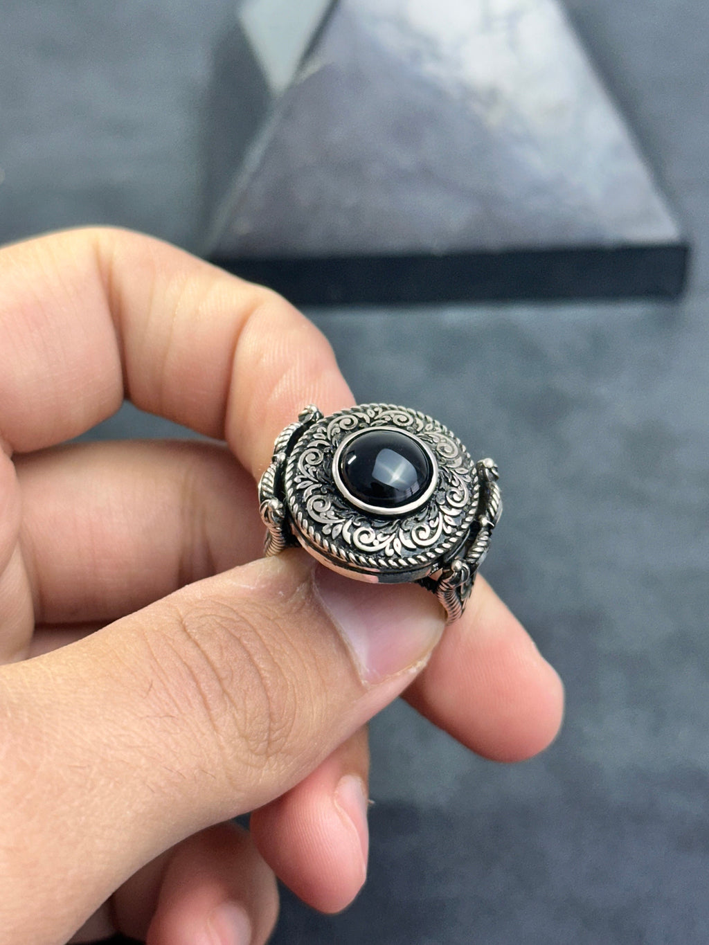 Greek Motif Onyx Ring - Sterling Silver Men's Jewelry