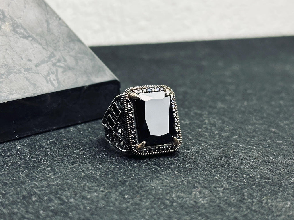 Black Zircon Men's Ring - Sterling Silver Ottoman Style