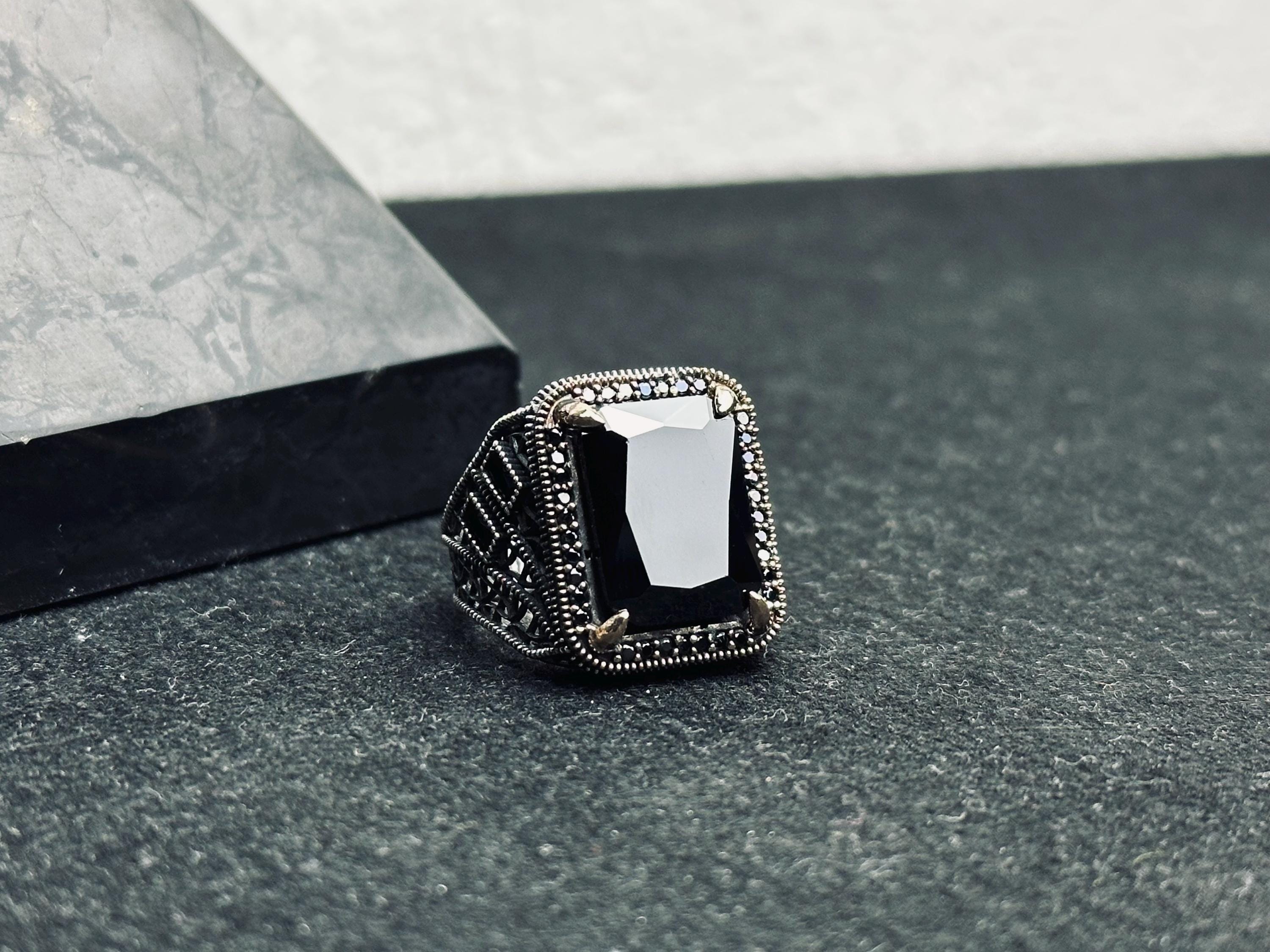 Black Zircon Men's Ring - Sterling Silver Ottoman Style