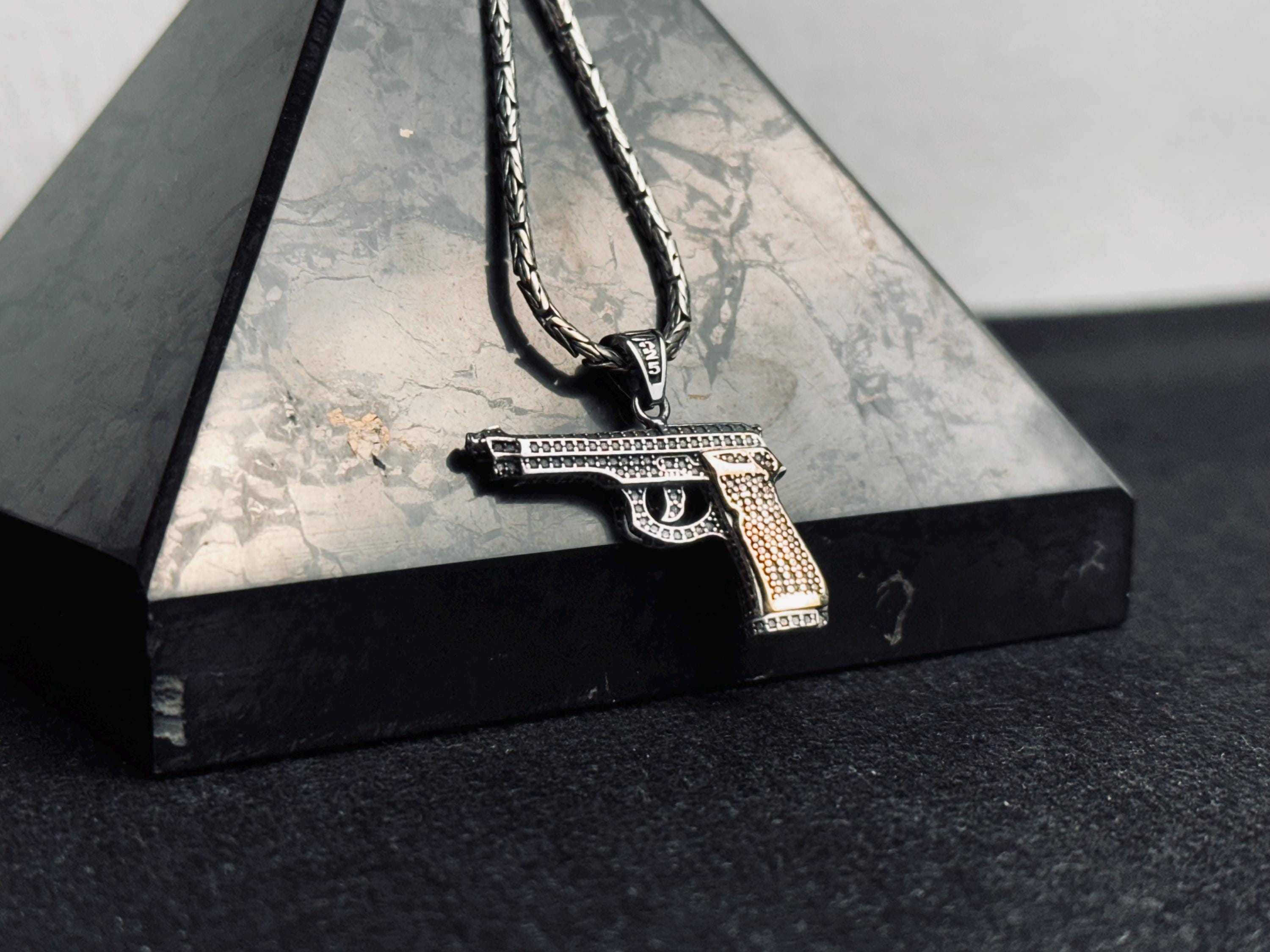 Gun Necklace: Men's Silver Pendant Jewelry (Chain Length Options)