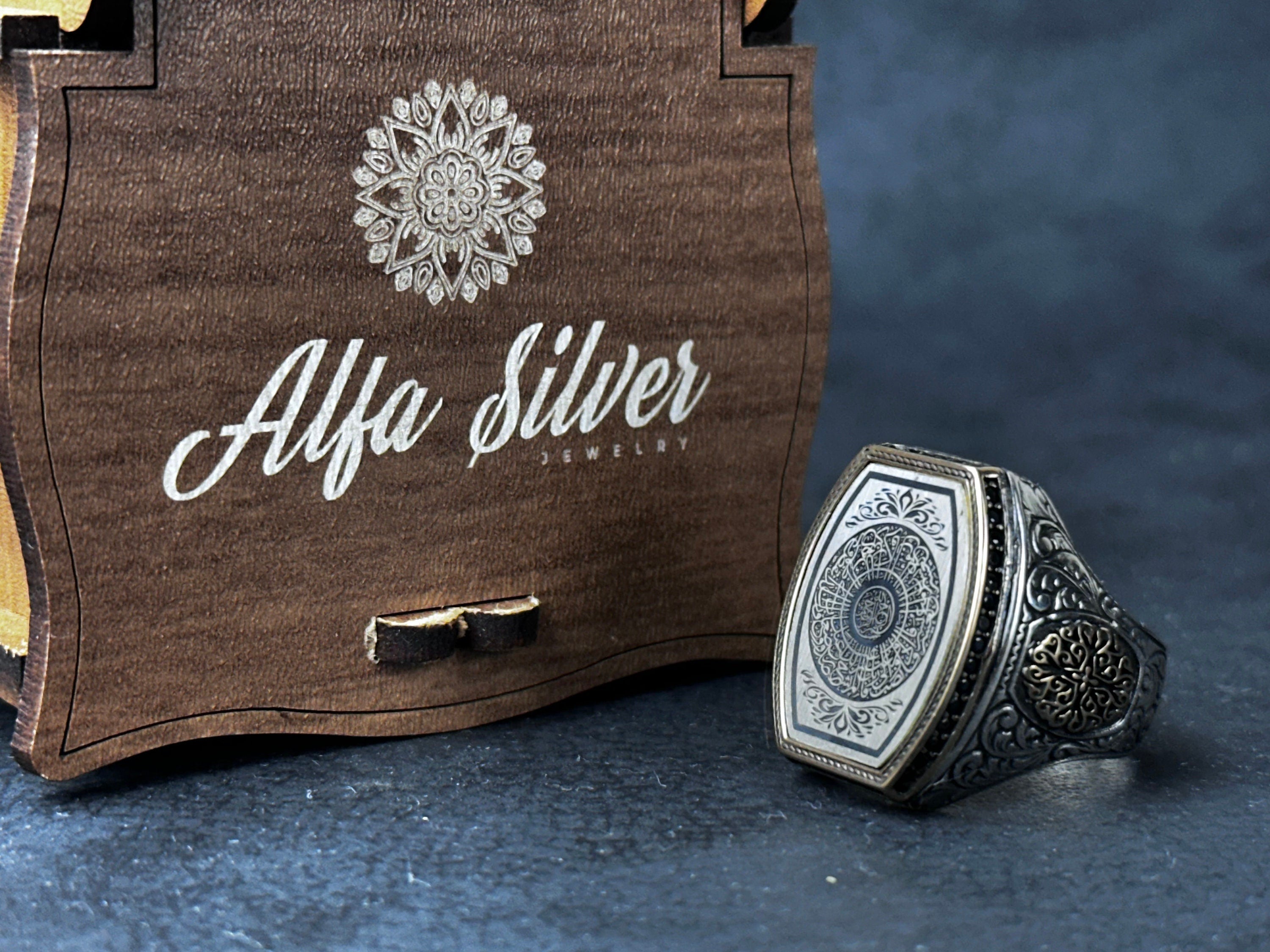 Islamic Silver Ring Surah Al-Inshirah, Black Zircon (Handmade 925 Sterling)