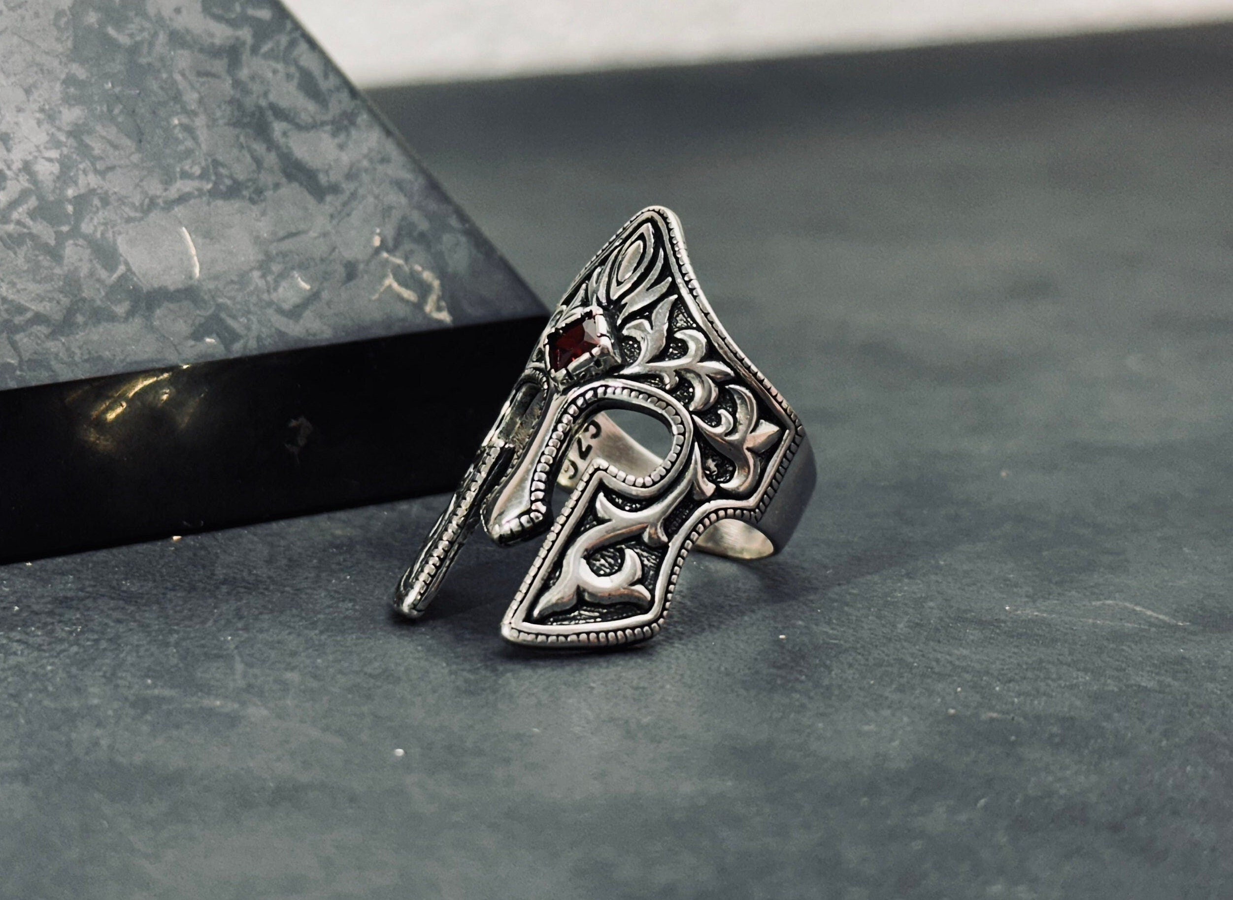 Helm Ring: Sterling Silver with Zircon - Handmade Warrior Design