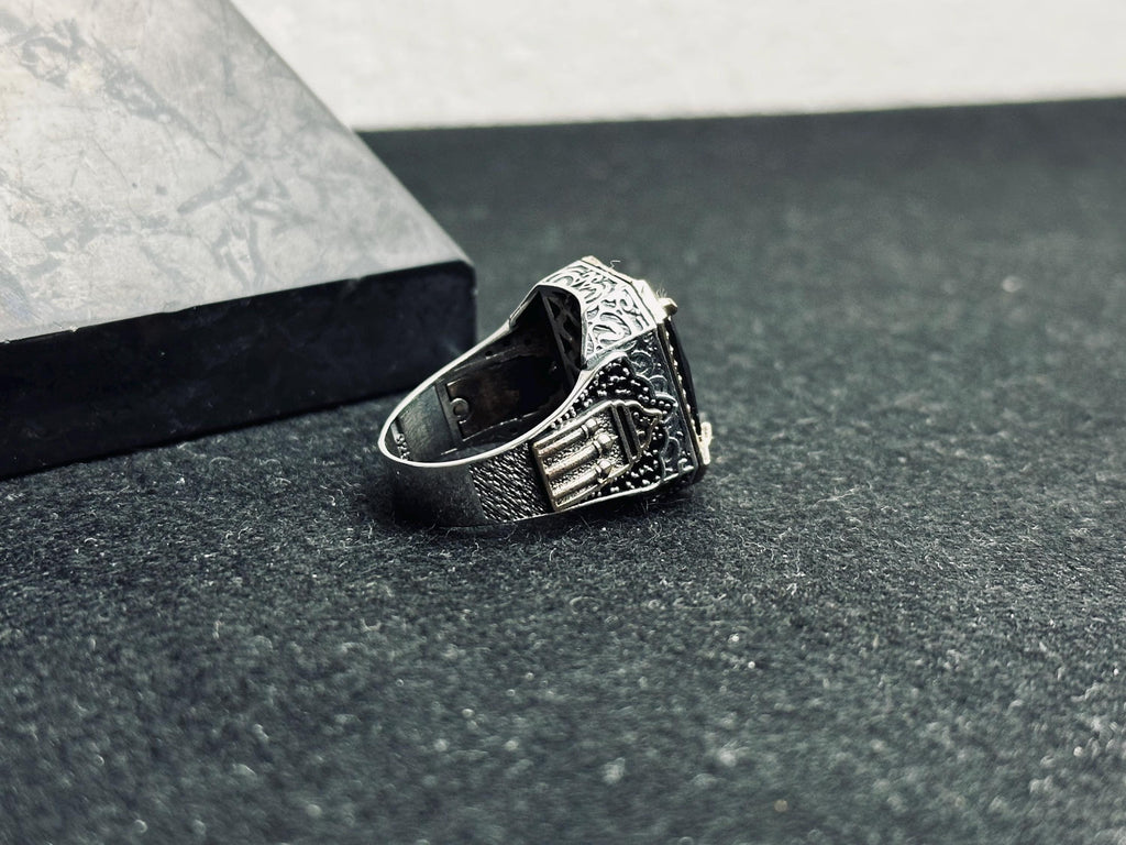 Men's Oxidized Silver Signet Ring, Black Zircon (Handmade 925 Sterling)