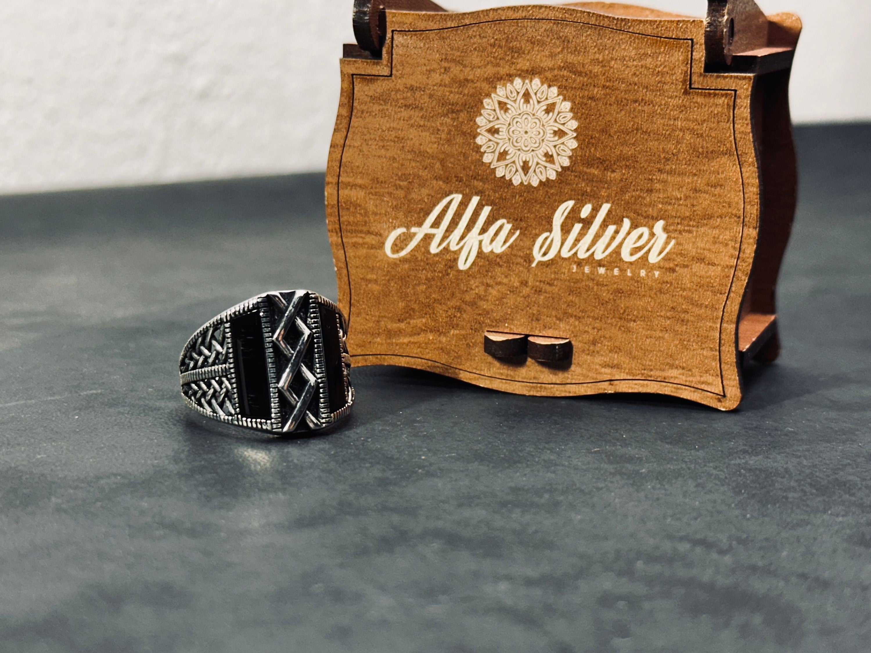 Onyx Ring: Minimalist Sterling Silver (Engraved, Handmade)