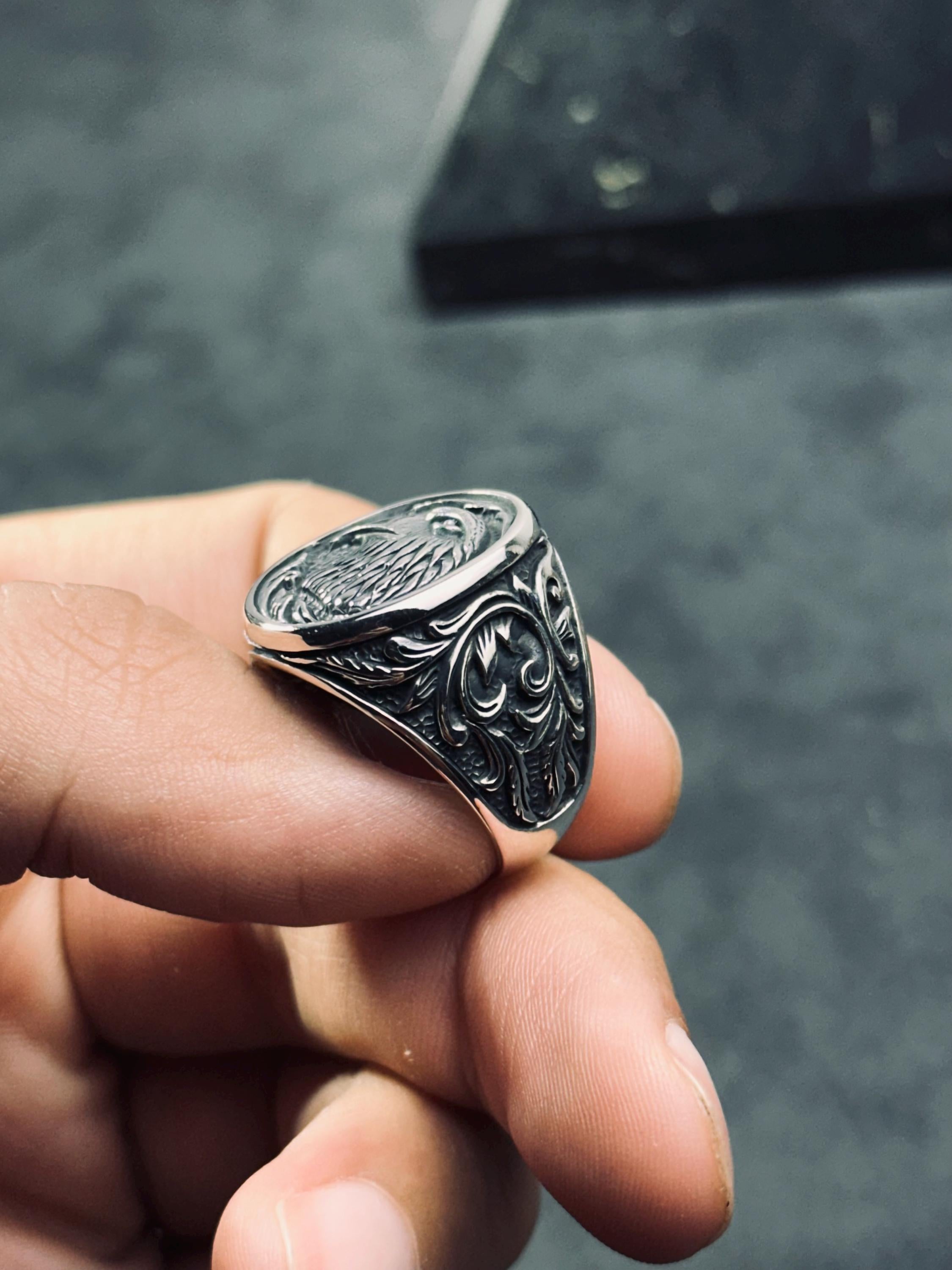 Nordic Eagle Sterling Silver Ring, Oxidized Handmade (Men's Size)