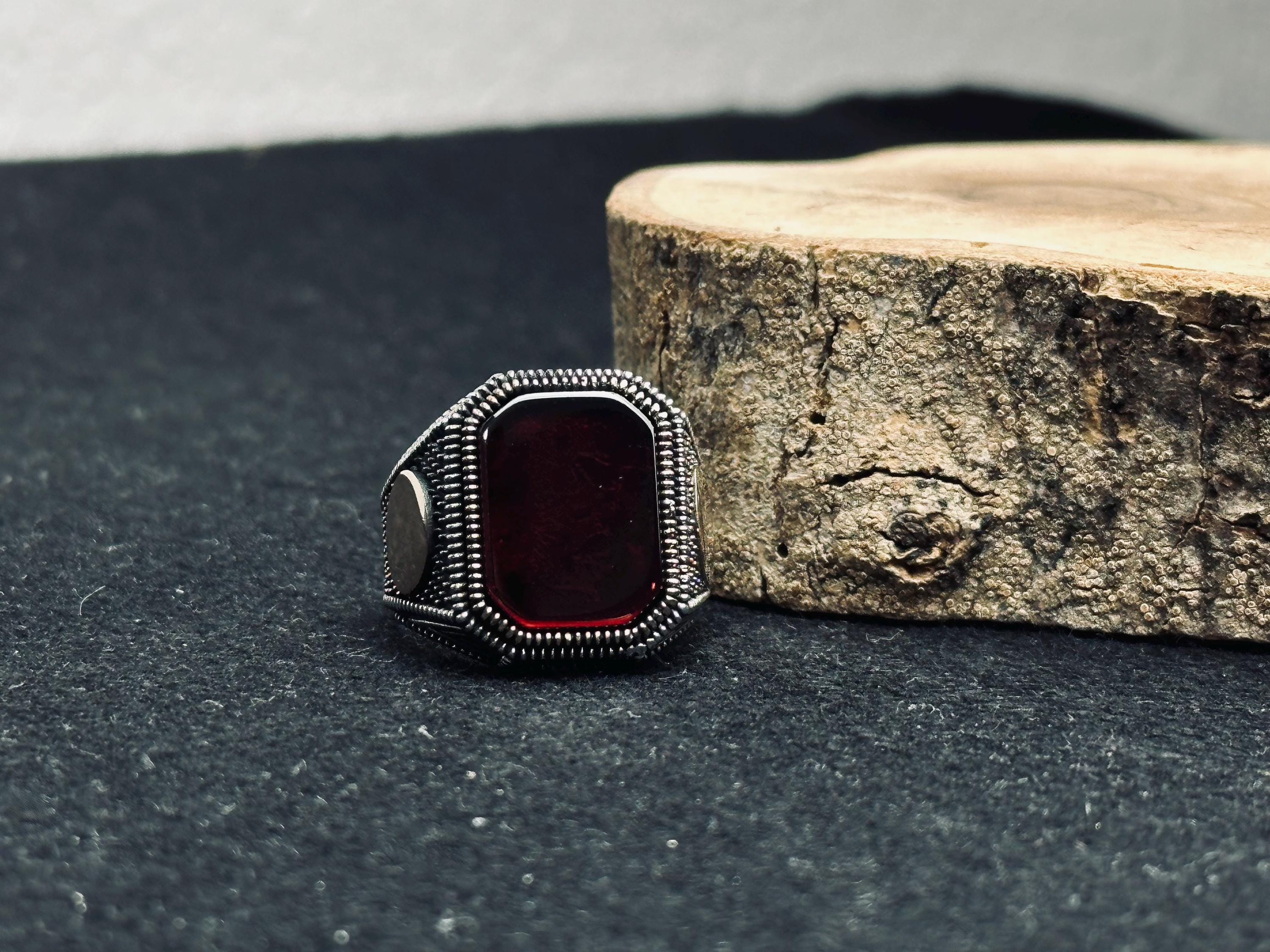 Red Aqeeq Men's Ring - Square Agate, Handmade Silver