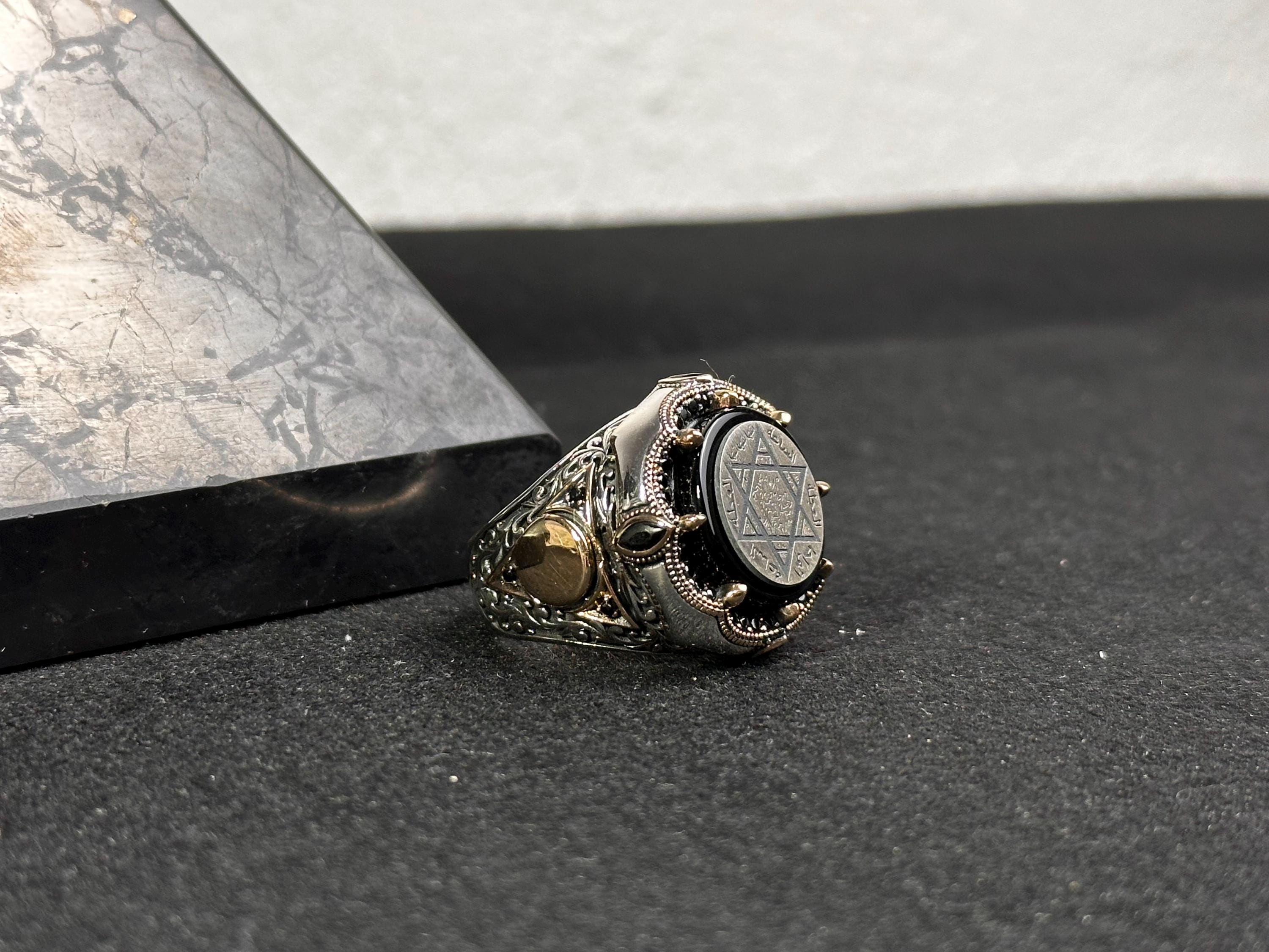 Engraved Seal of Solomon Ring: Amber, Sterling Silver (Men's Signet)