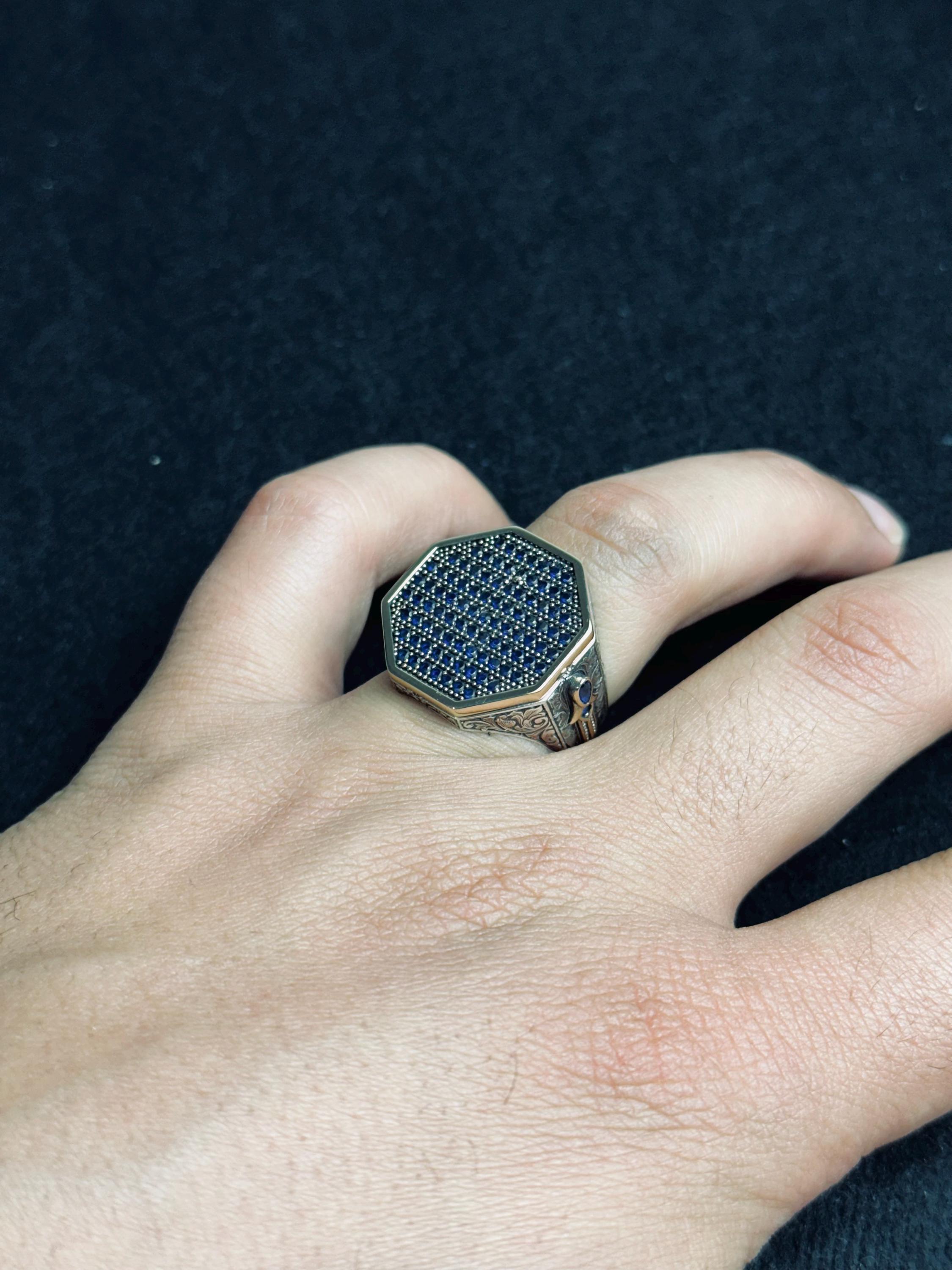 8-Shape Silver Ring for Men - Tiny Blue Zircon Detail