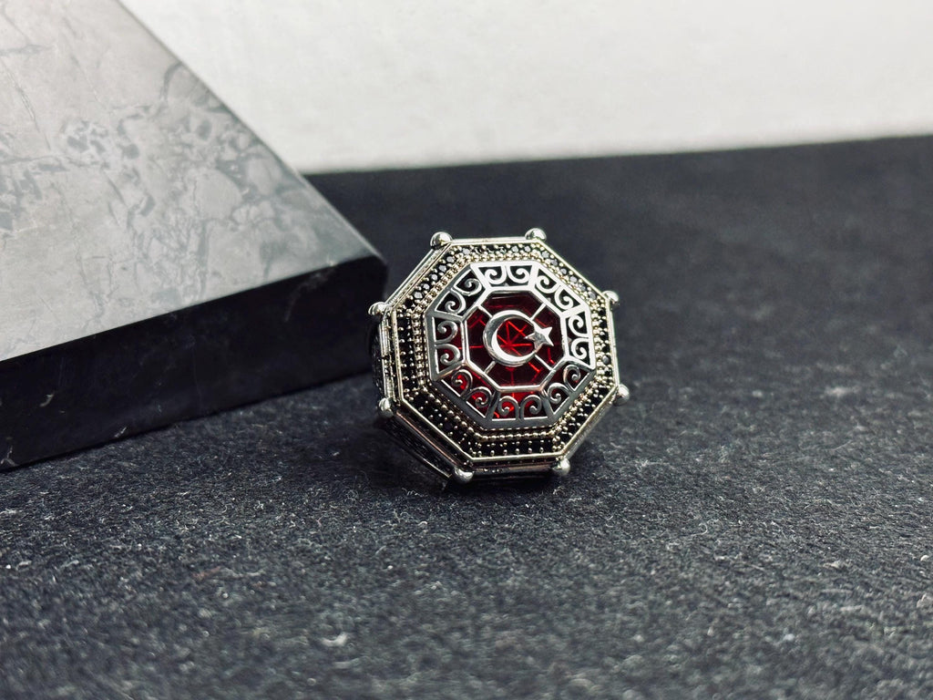 Red Stone Moon Star Ring, 925 Sterling Silver, Turkish Handmade Jewelry