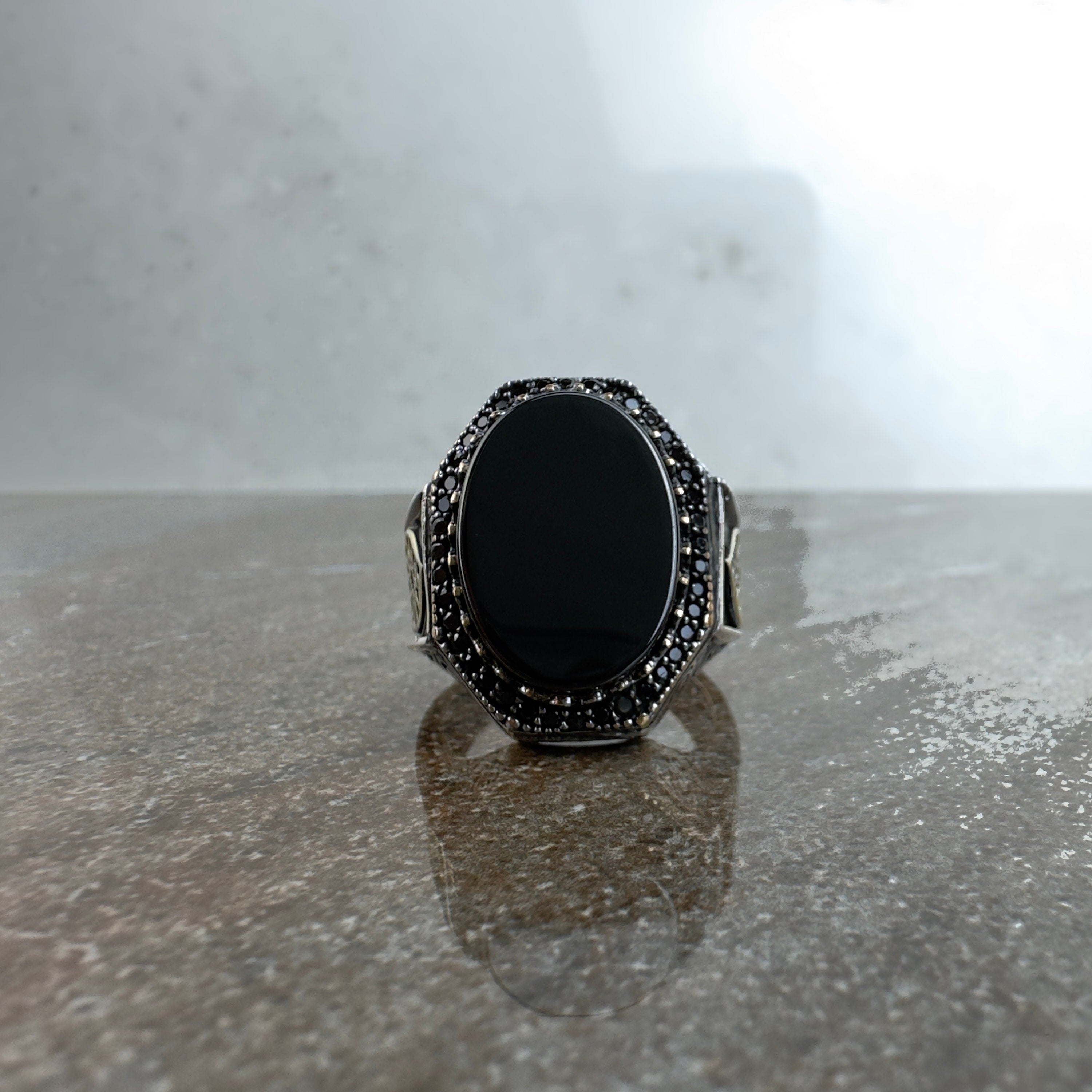 Onyx Gemstone Ring: Sterling Silver Men's Jewelry (Hand Engraved)