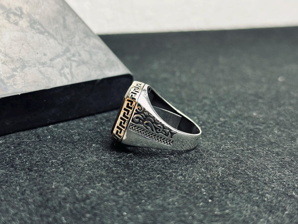 Ottoman Black Onyx Ring: Crescent Star, 925 Sterling Silver