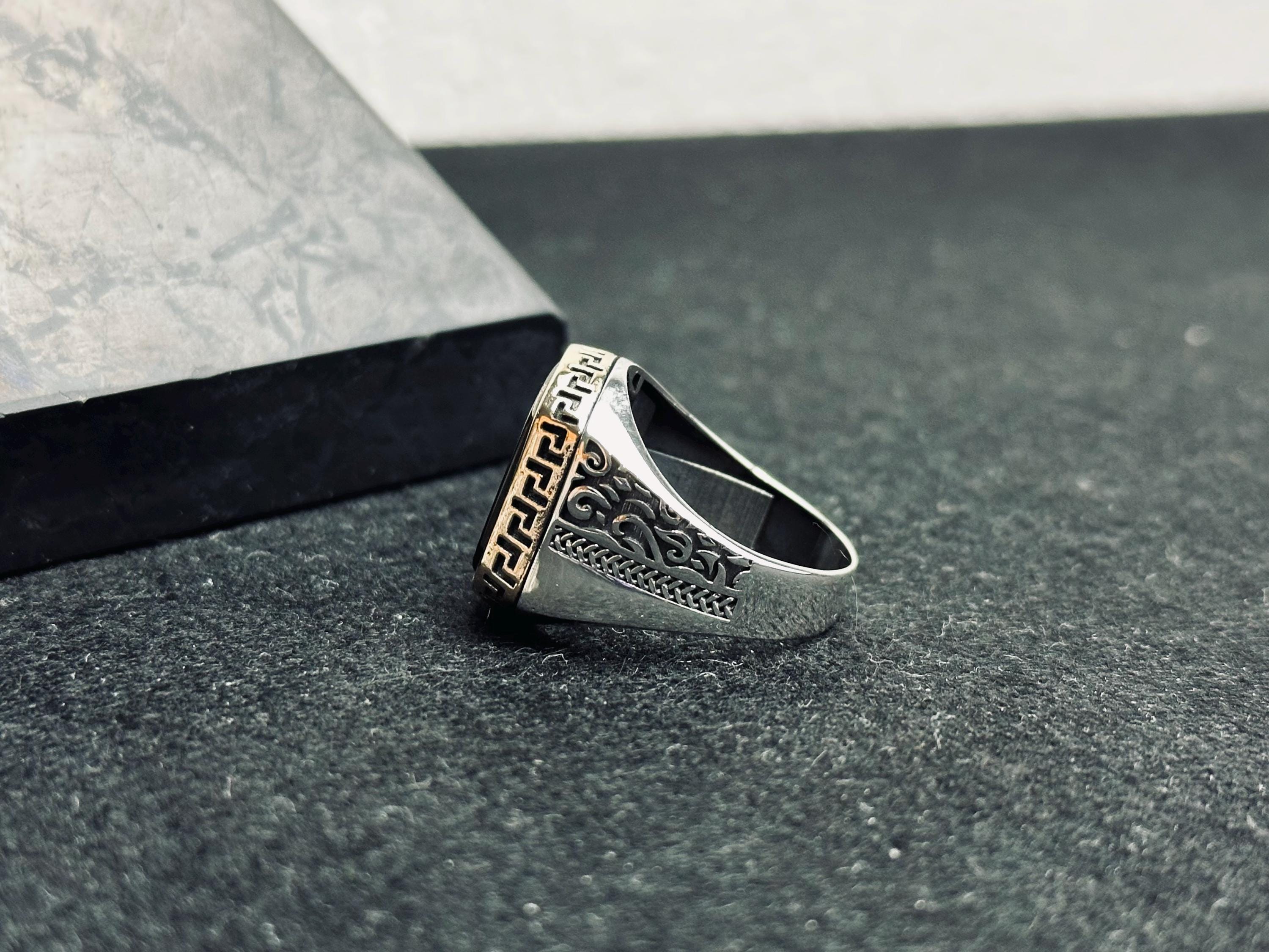 Ottoman Black Onyx Ring: Crescent Star, 925 Sterling Silver
