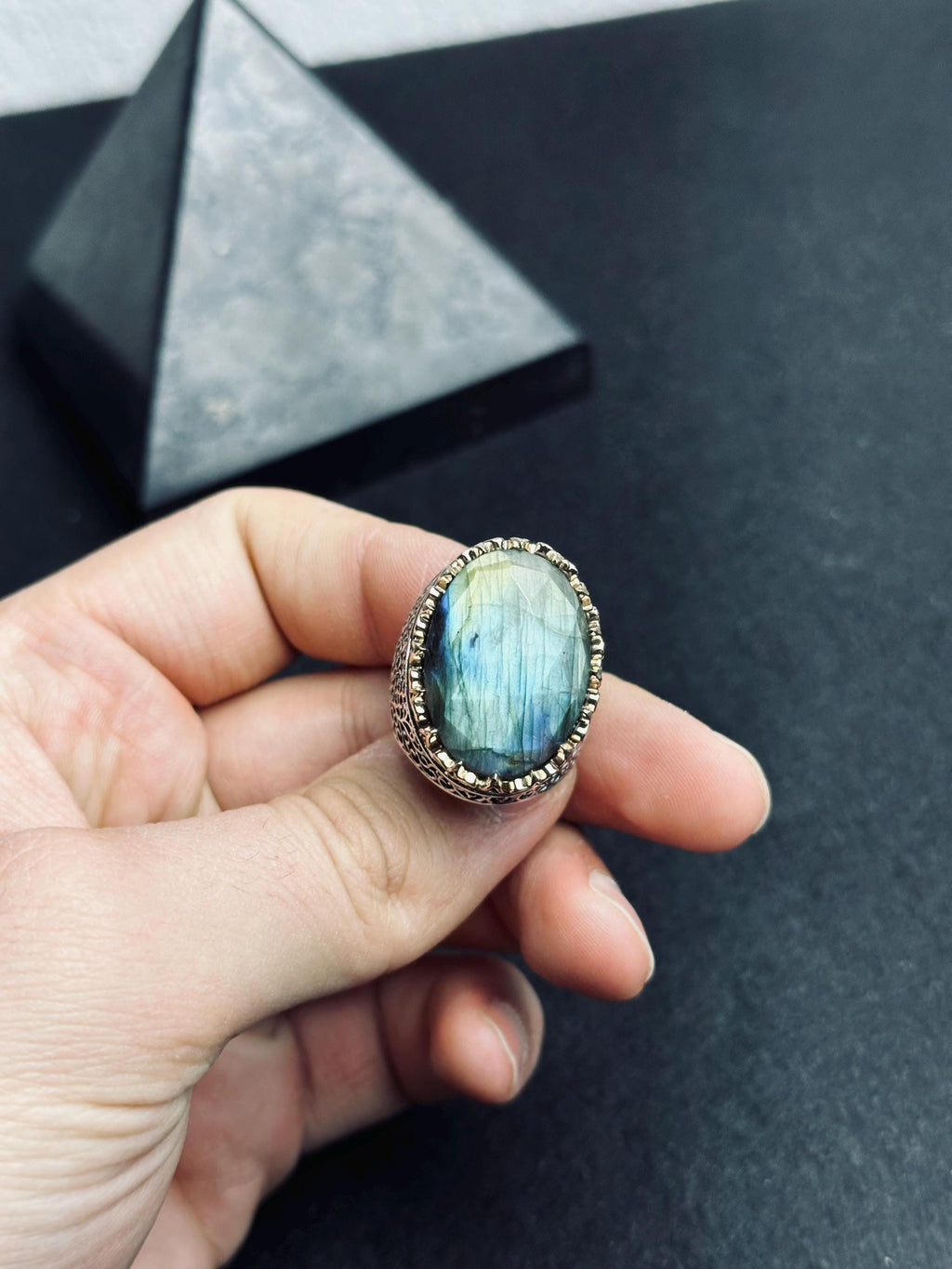 Labradorite Statement Ring: Meteorite Stone - Sterling Silver Handmade