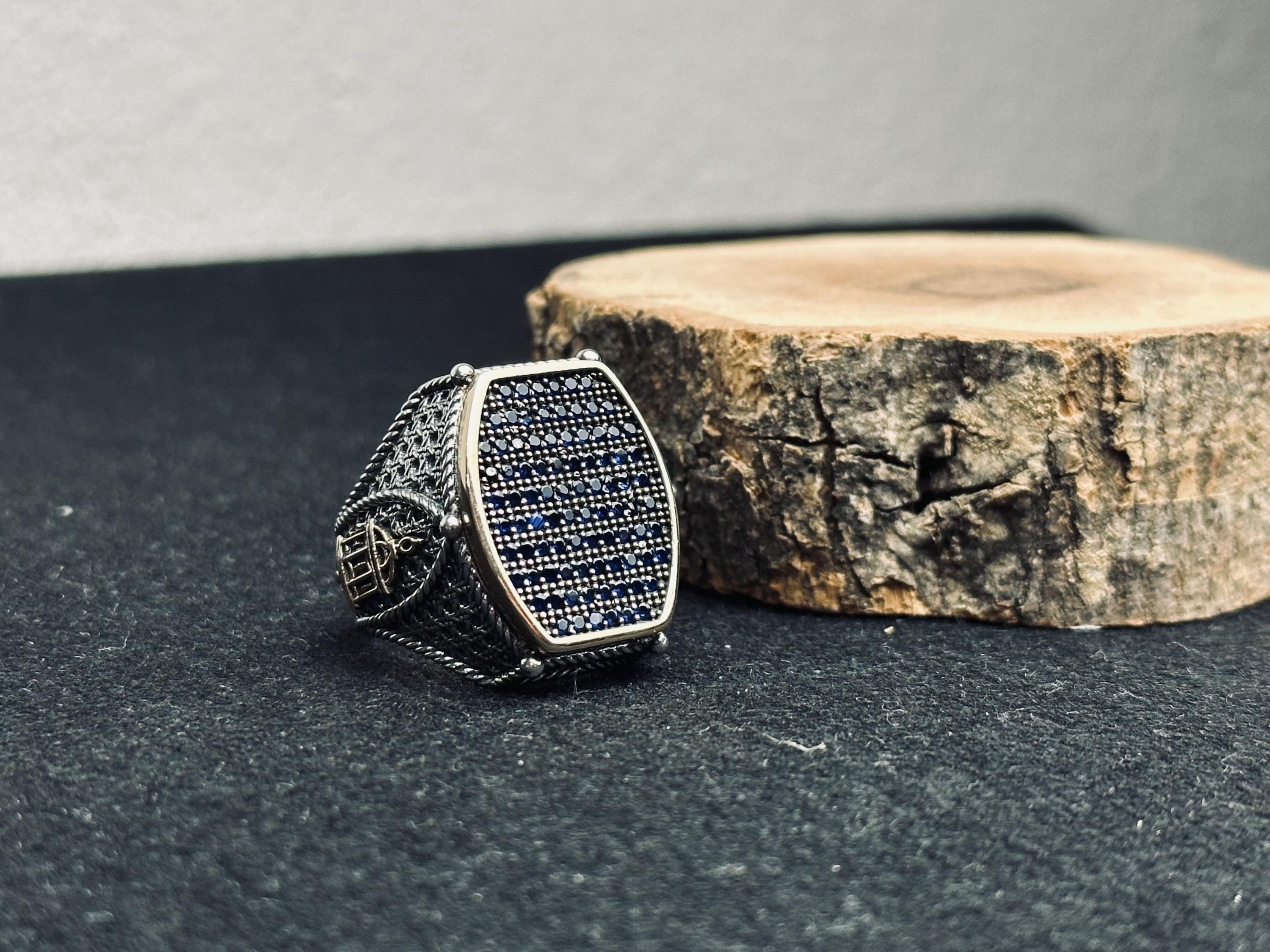 Geometric Men's Silver Ring - Blue Zircon Inset, Handmade
