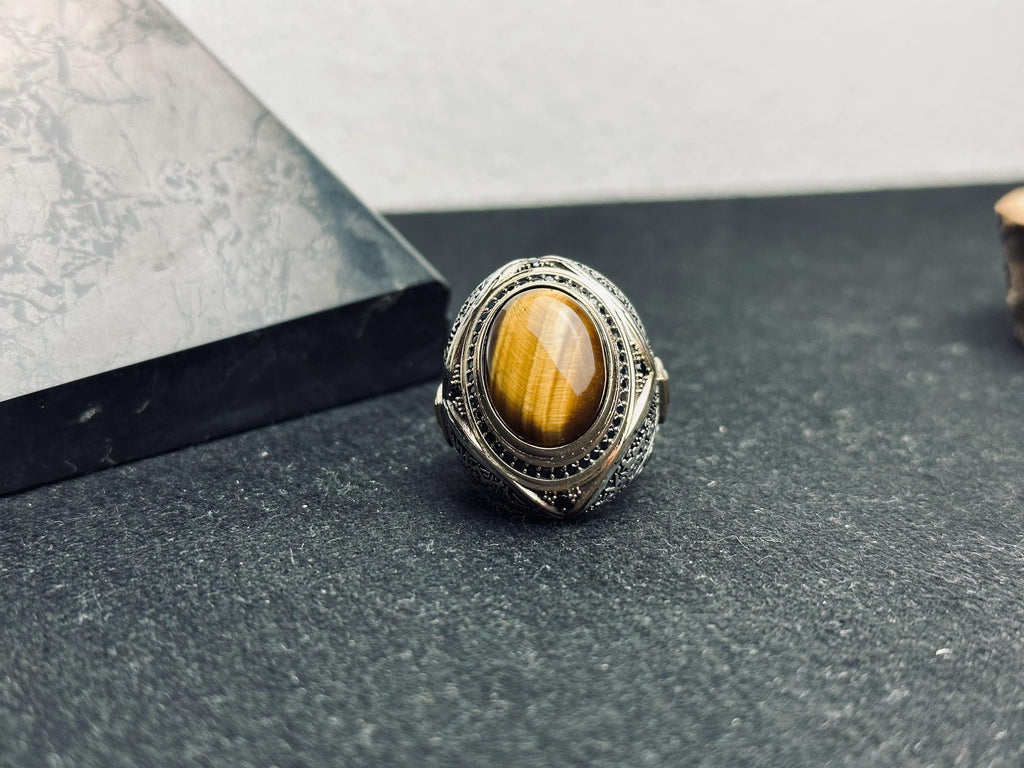 Tiger Eye Silver Ring, Men's Oval Statement (Handmade, Spiritual)