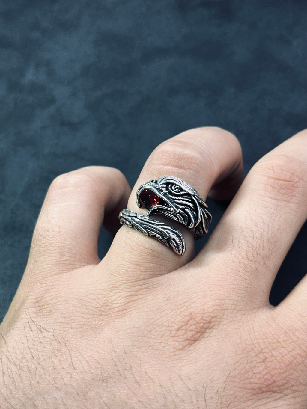 Oxidized Sterling Silver Snake Ring: Adjustable with CZ Gemstone