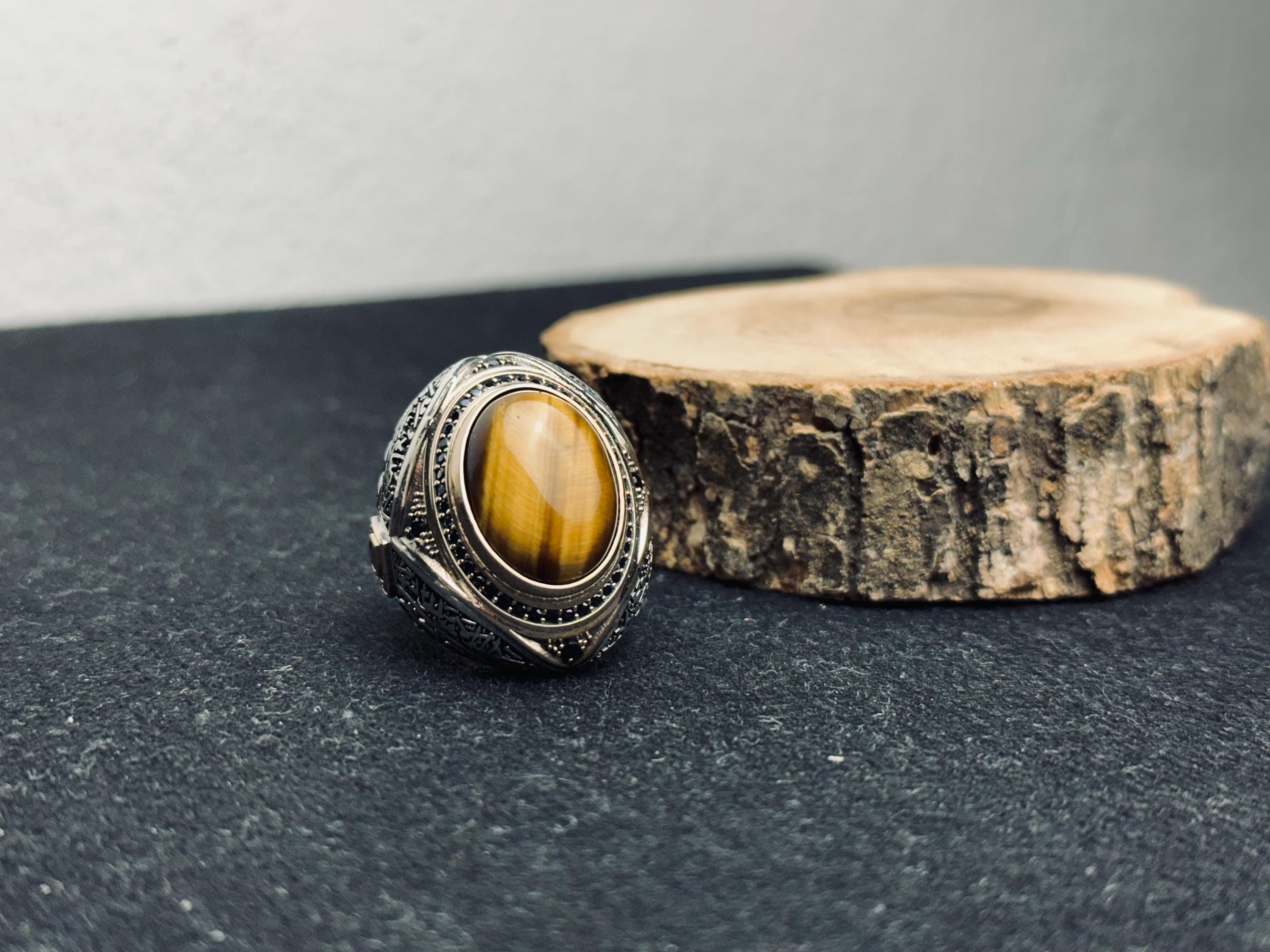 Tiger Eye Silver Ring, Men's Oval Statement (Handmade, Spiritual)