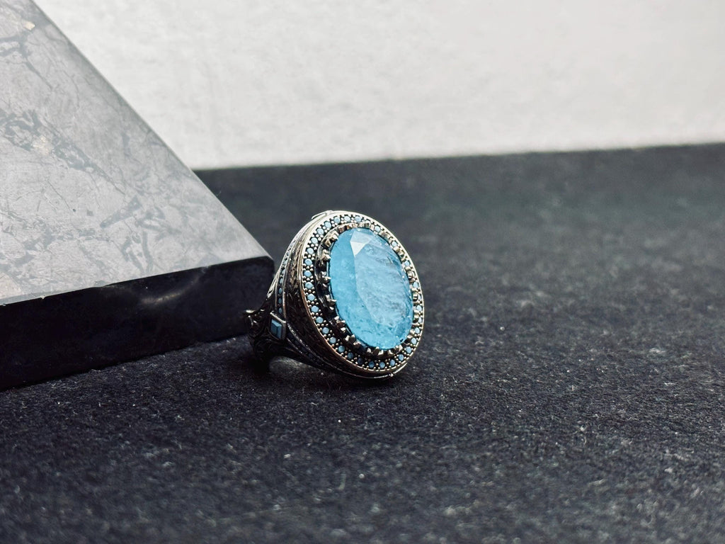 Men's Sterling Silver Signet Ring, Oval Aquamarine & Blue Paraiba (Handmade)
