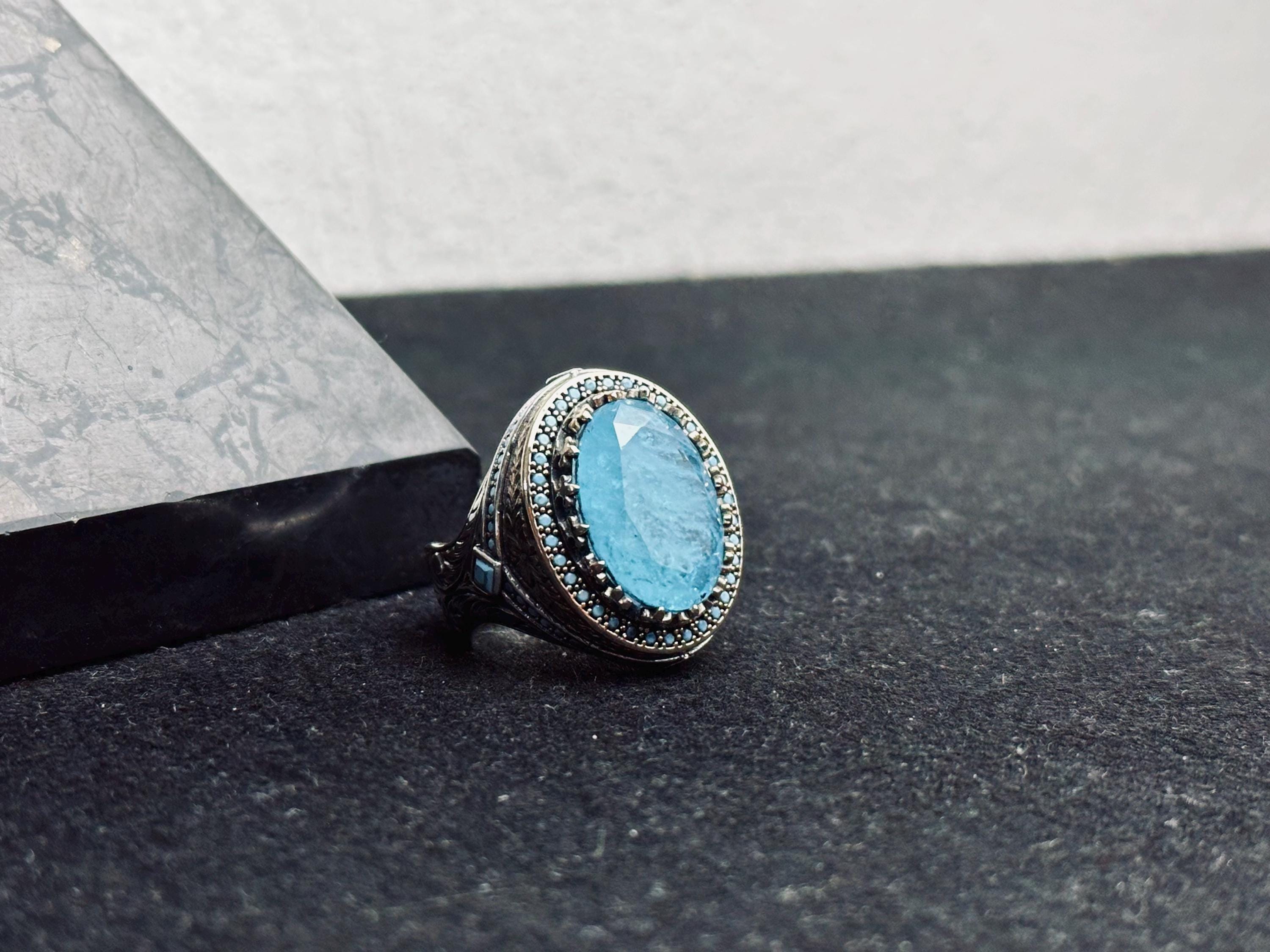 Men's Sterling Silver Signet Ring, Oval Aquamarine & Blue Paraiba (Handmade)