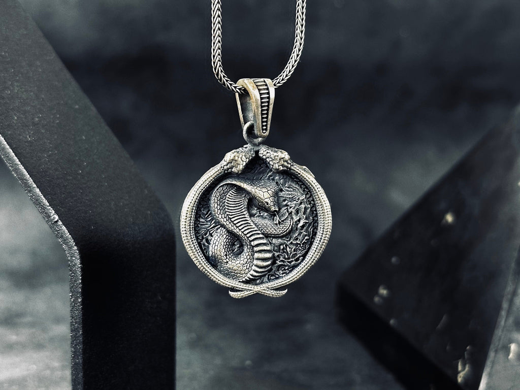 Silver Snake Necklace - Handmade Serpent Pendant on Chain