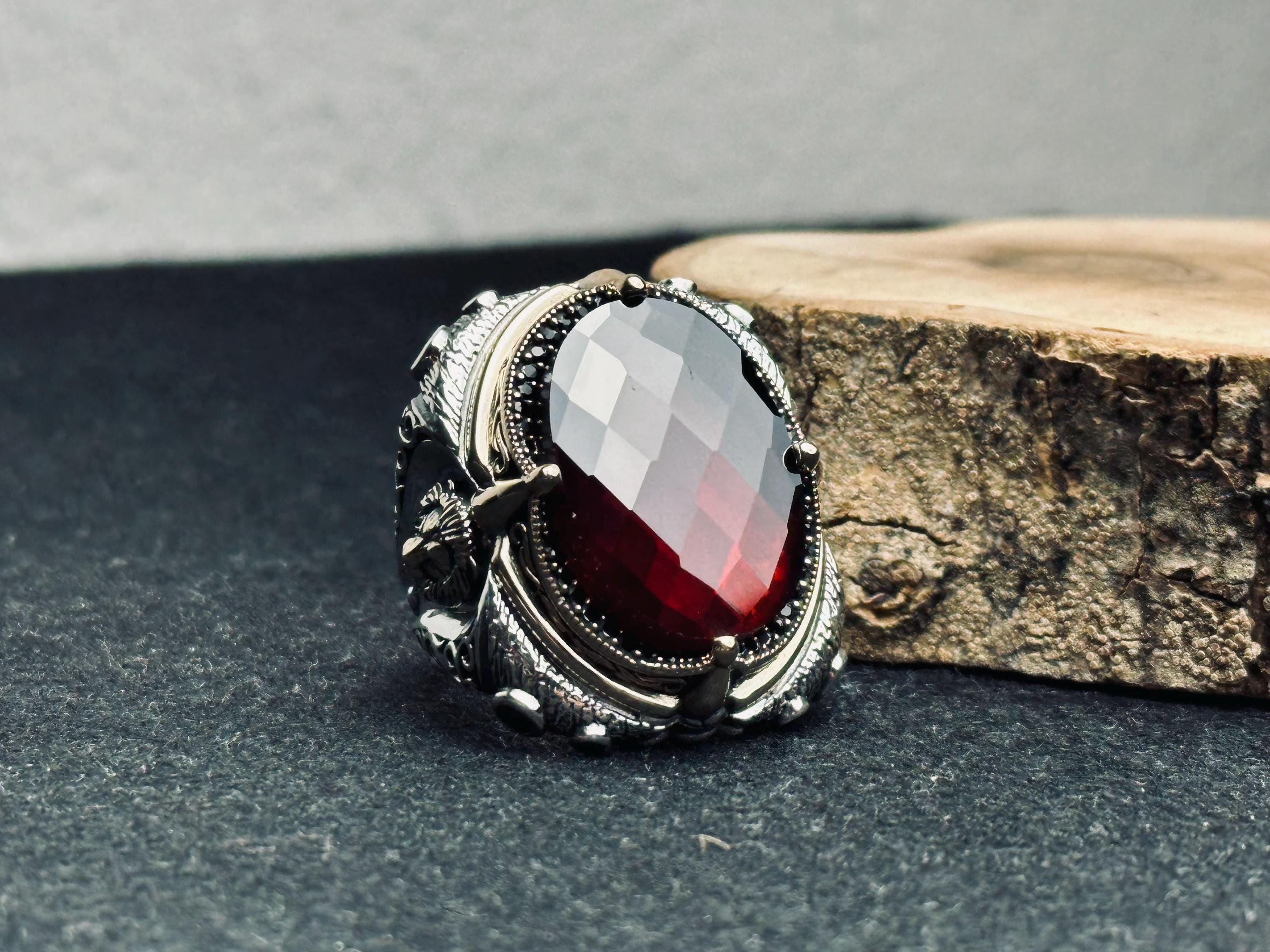 Lion Head Statement Ring: Sterling Silver with Red Gemstone