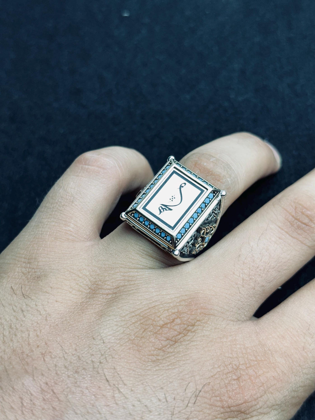 Arabic Calligraphy Silver Ring - Square Shape with Turquoise Detail