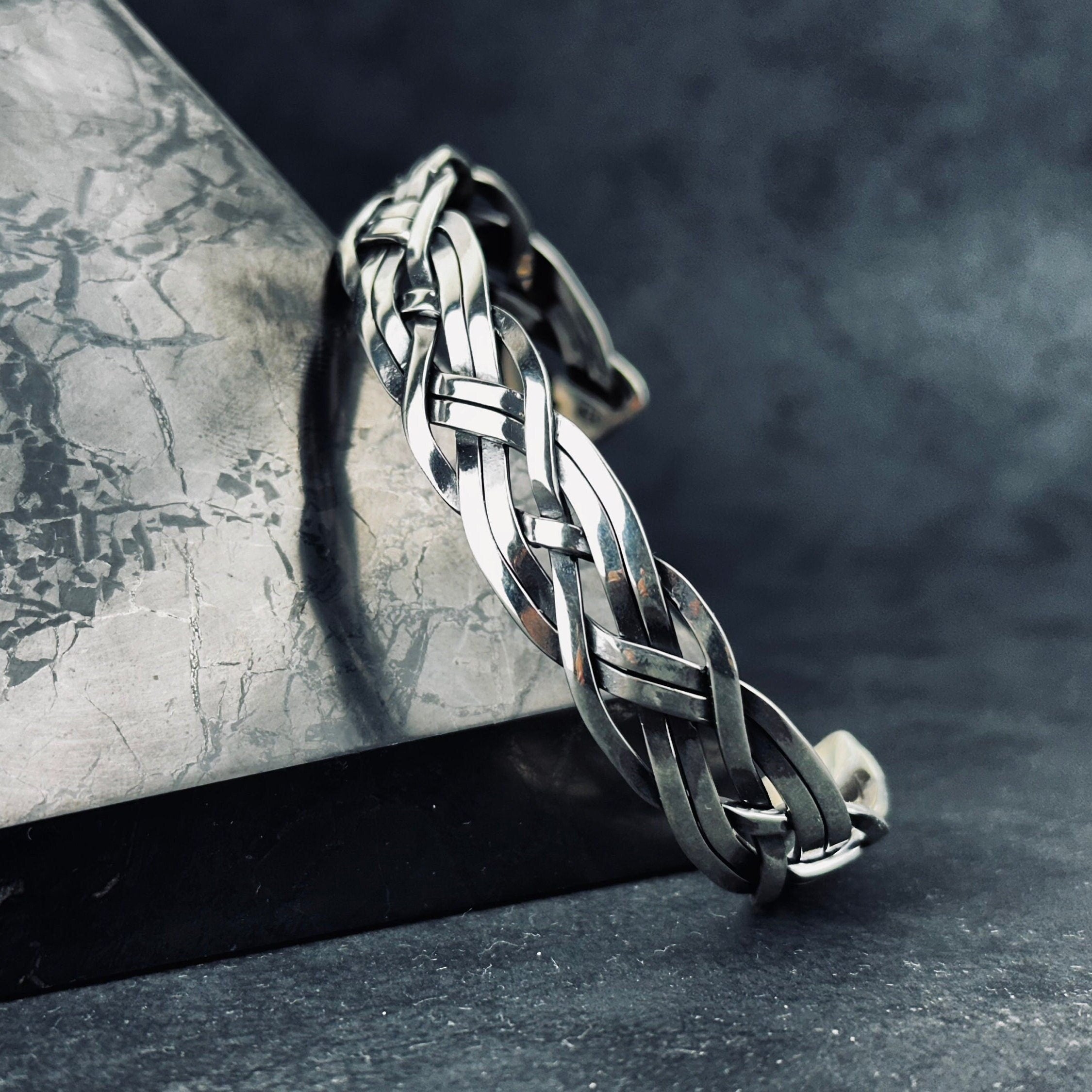 Knitted Silver Cuff Bracelet: Handmade Adjustable Braid (Sterling 925)