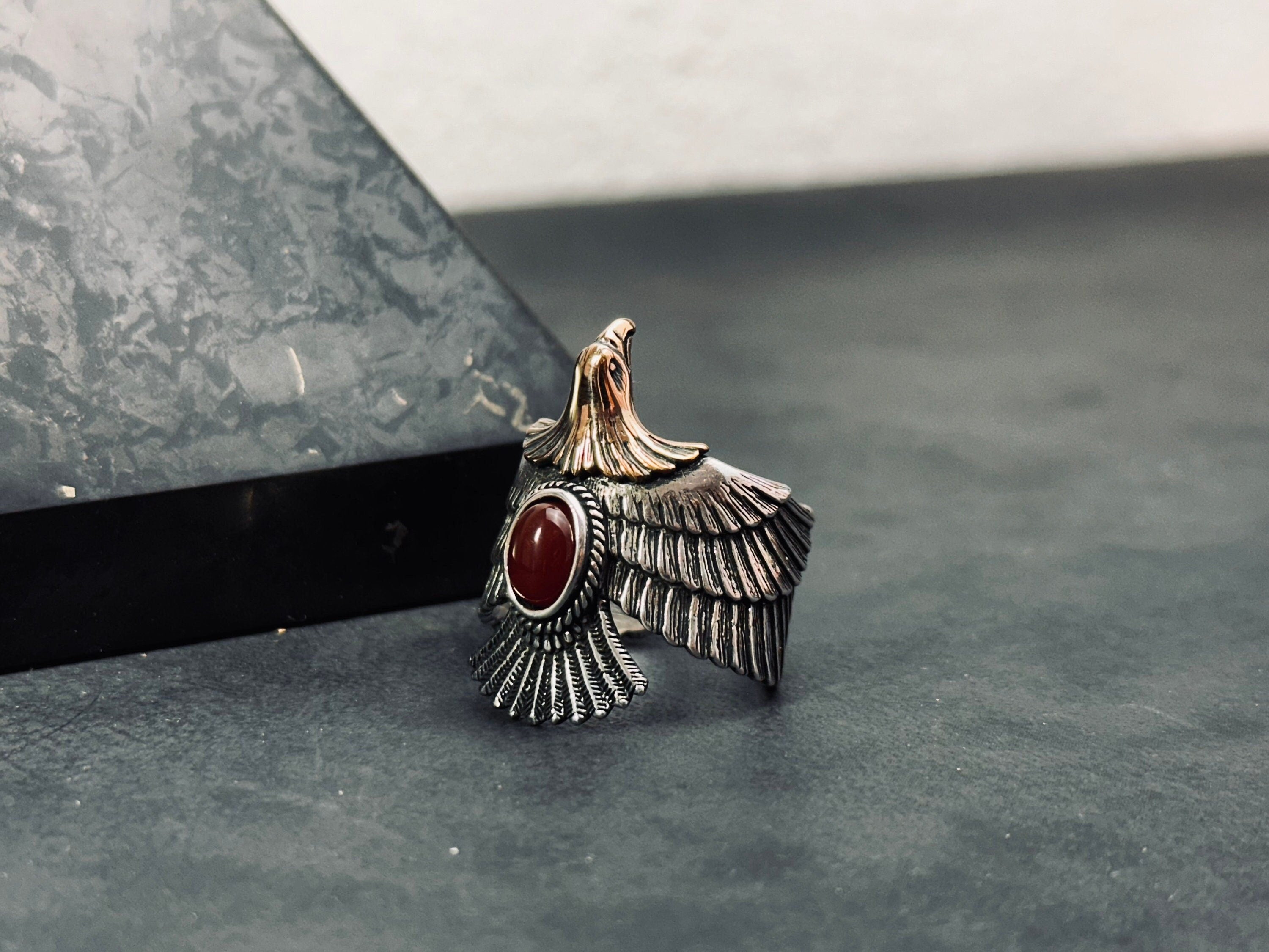 Oxidized Eagle Ring - Sterling Silver, Adjustable with Agate Gemstone