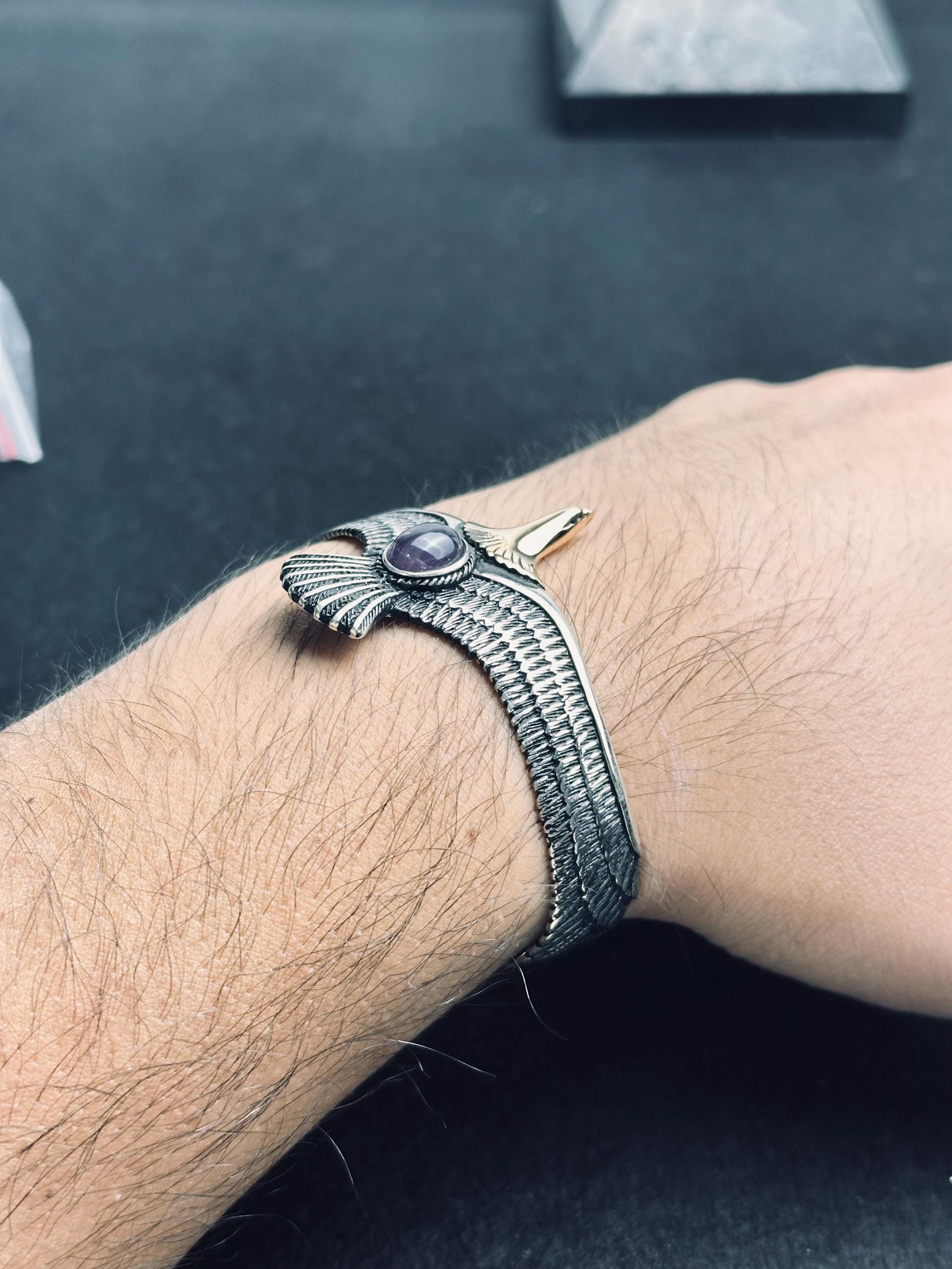 Eagle Amethyst Bracelet: Sterling Silver Cuff (Adjustable, Handmade)