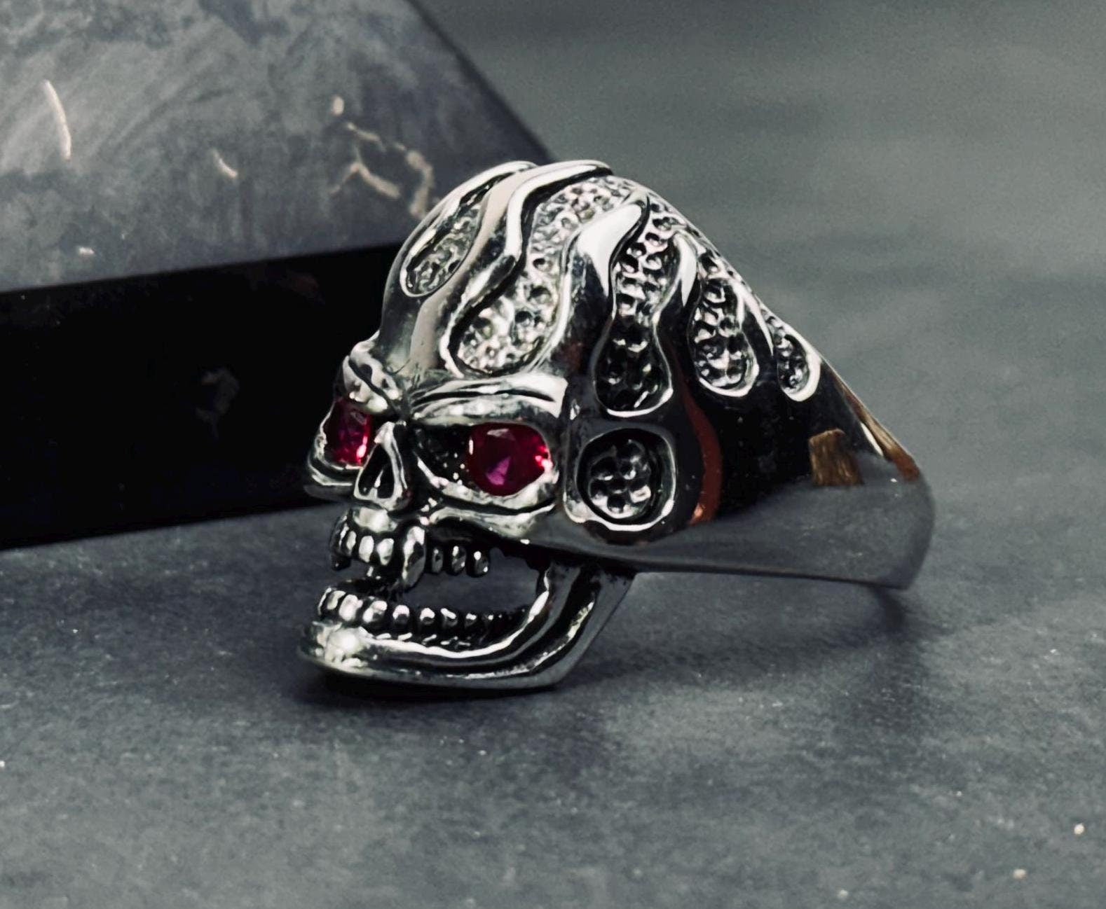Skull Ring: Gothic Sterling Silver - Cubic Zirconia Accent
