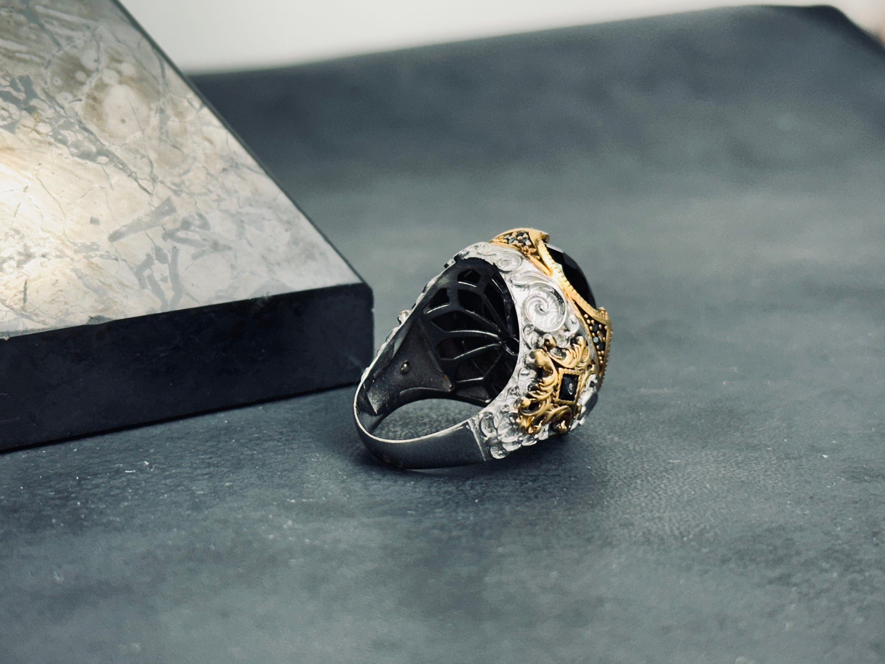 Oval Zircon Ring: Rhodium Sterling Silver Engraved Band