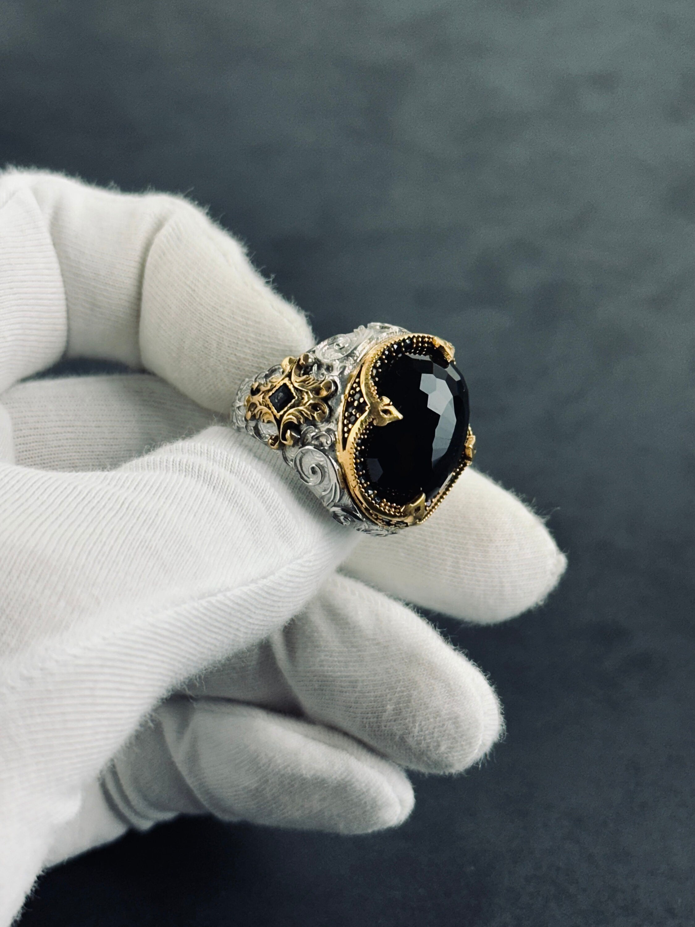 Oval Zircon Ring: Rhodium Sterling Silver Engraved Band